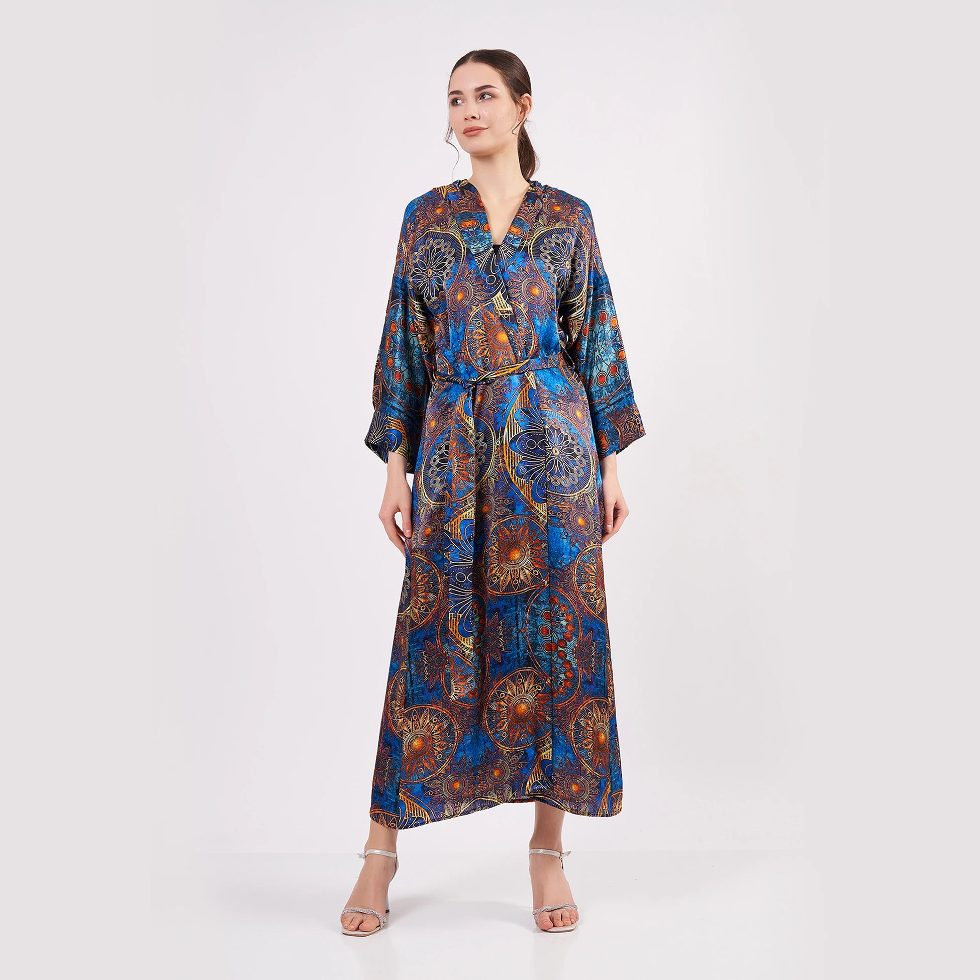 Saf İpek Kapüşonlu Kimono Kaftan | Mandala Desen Mavi | Nomads Felt