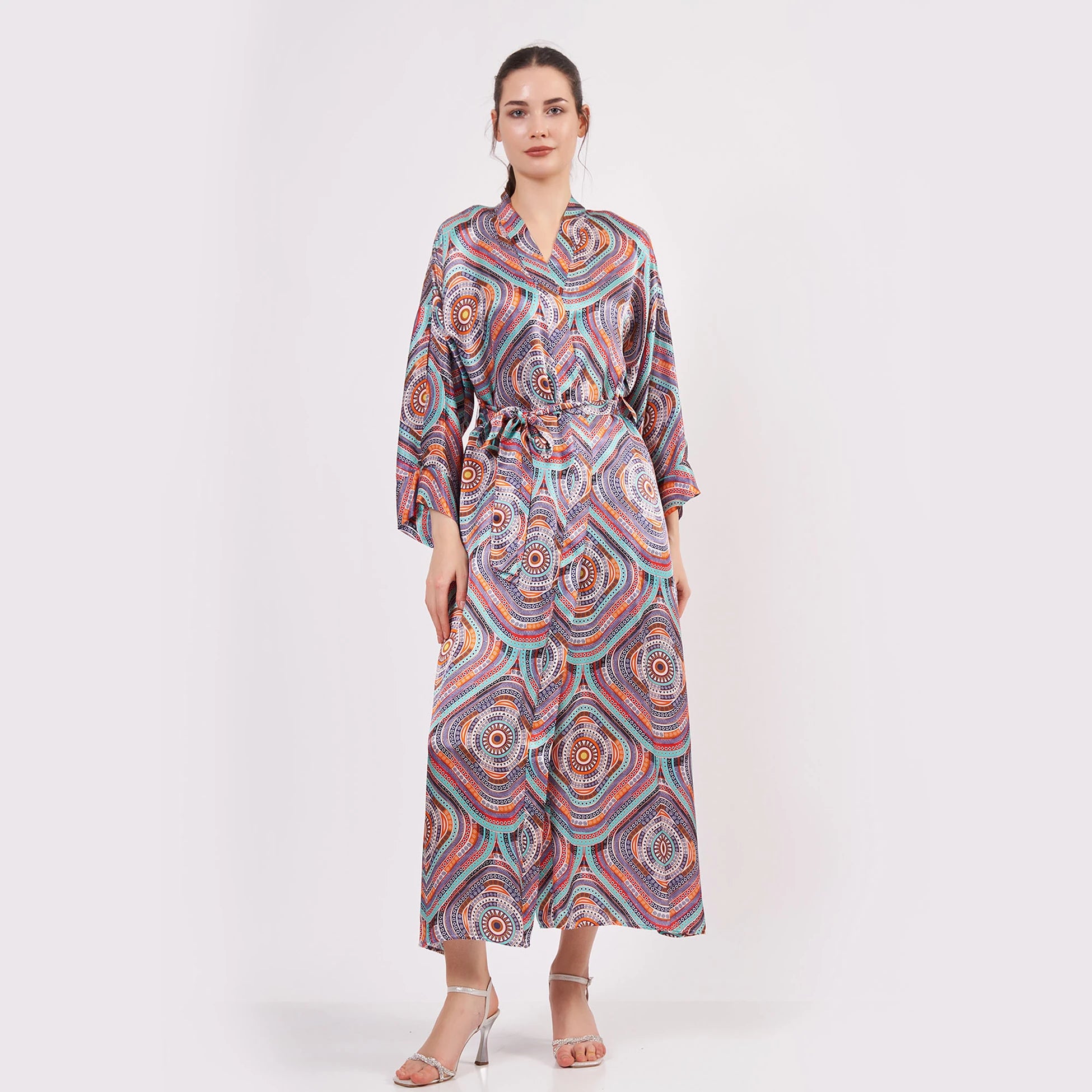%100 İpek Uzun Kimono Kaftan | Mandala 2 | Nomads Felt