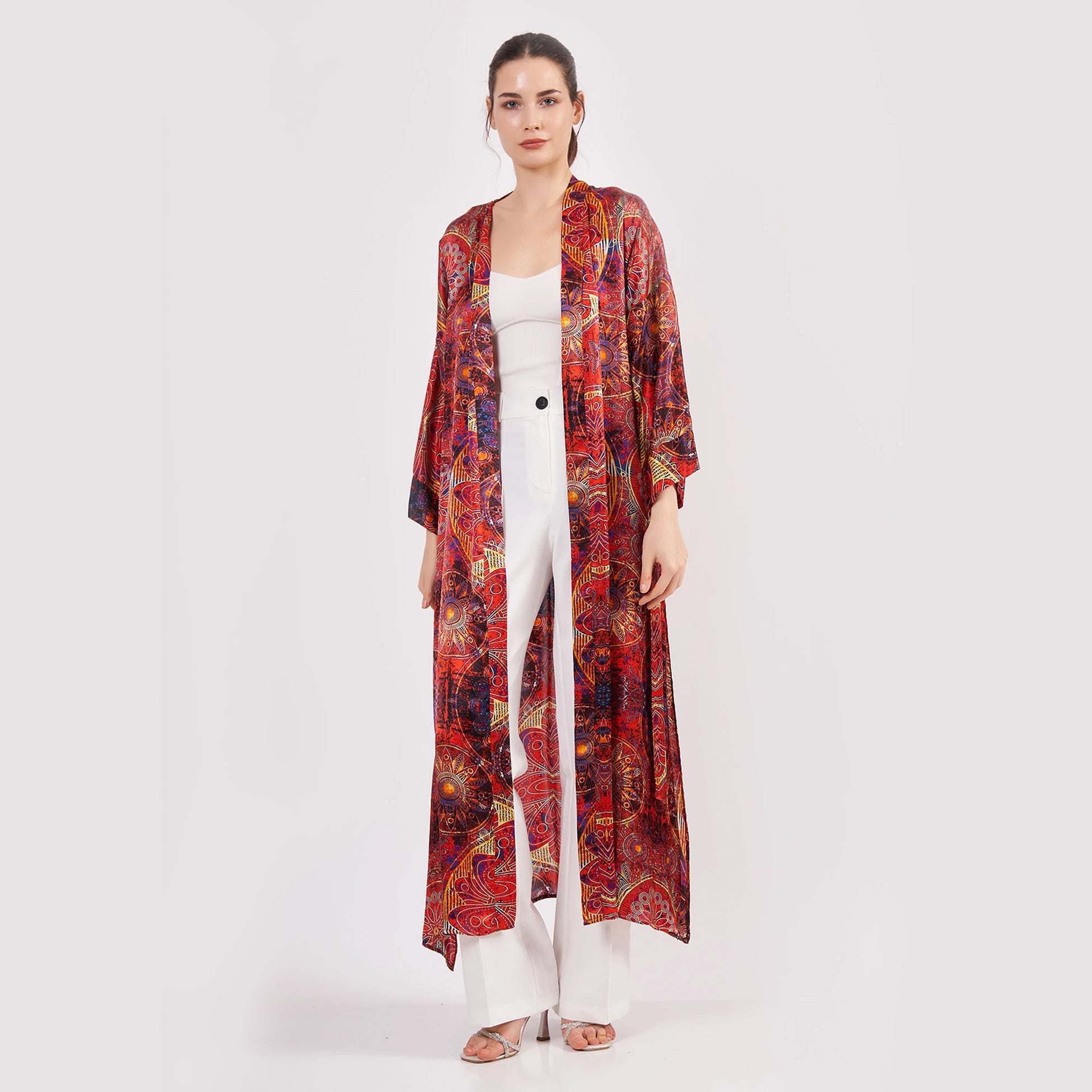%100 İpek Kimono Kaftan | Kırmızı Mandala Desen | Nomads Felt