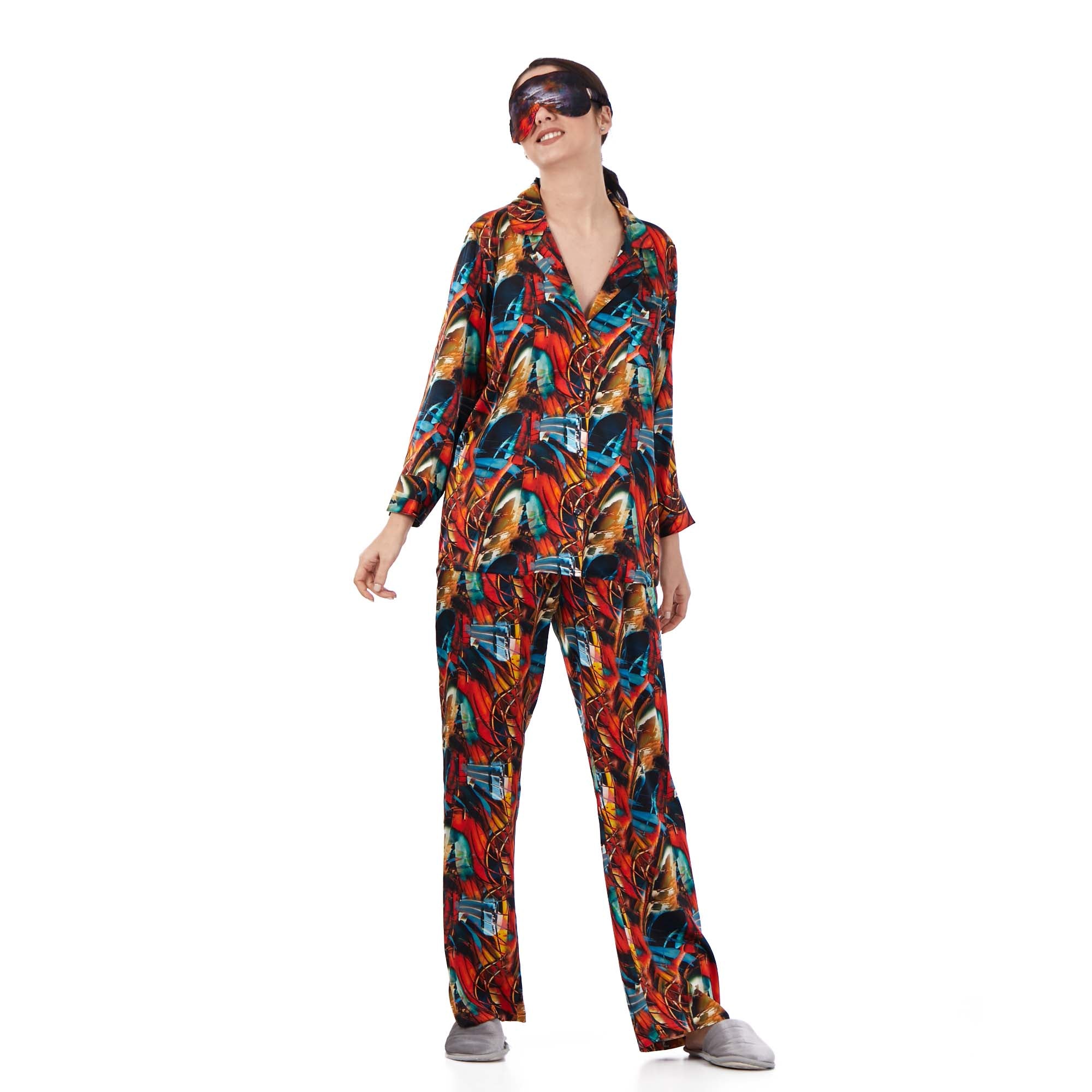 İpek Gömlek Pantolon-Pijama Takımı | Abstract Desen 3 | Nomads Felt