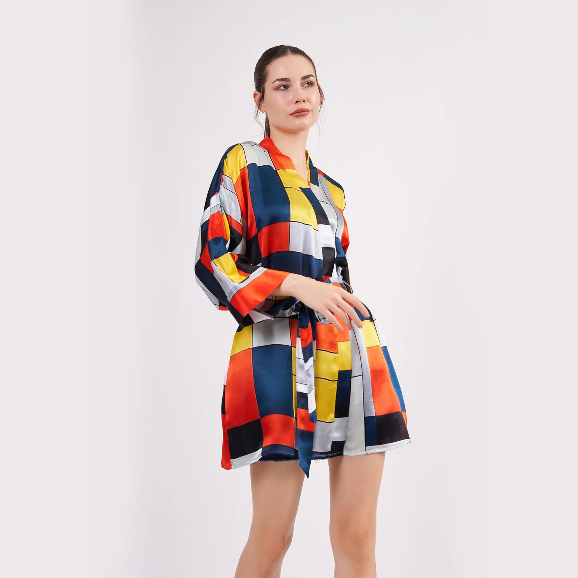 Saf İpek Kısa Kimono Kaftan | Geometrik Desen | Nomads Felt