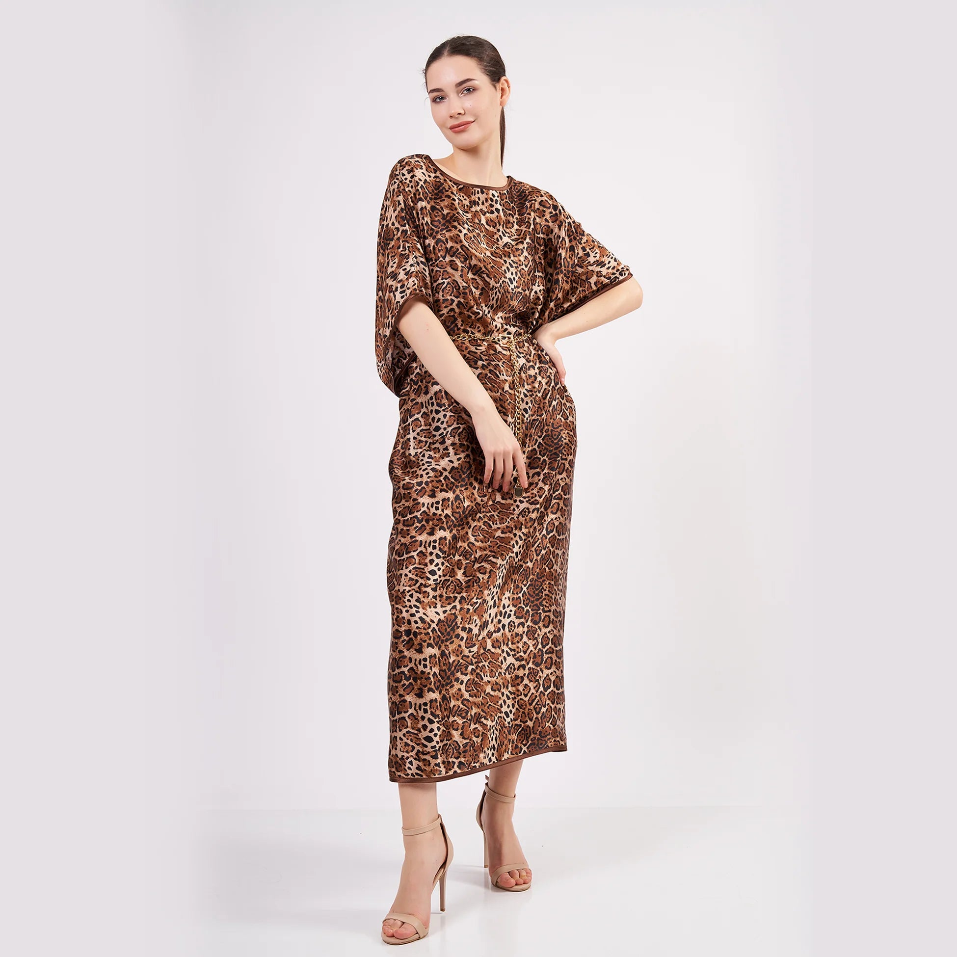 %100 İpek Uzun Elbise | Leopar Desen | Nomads Felt
