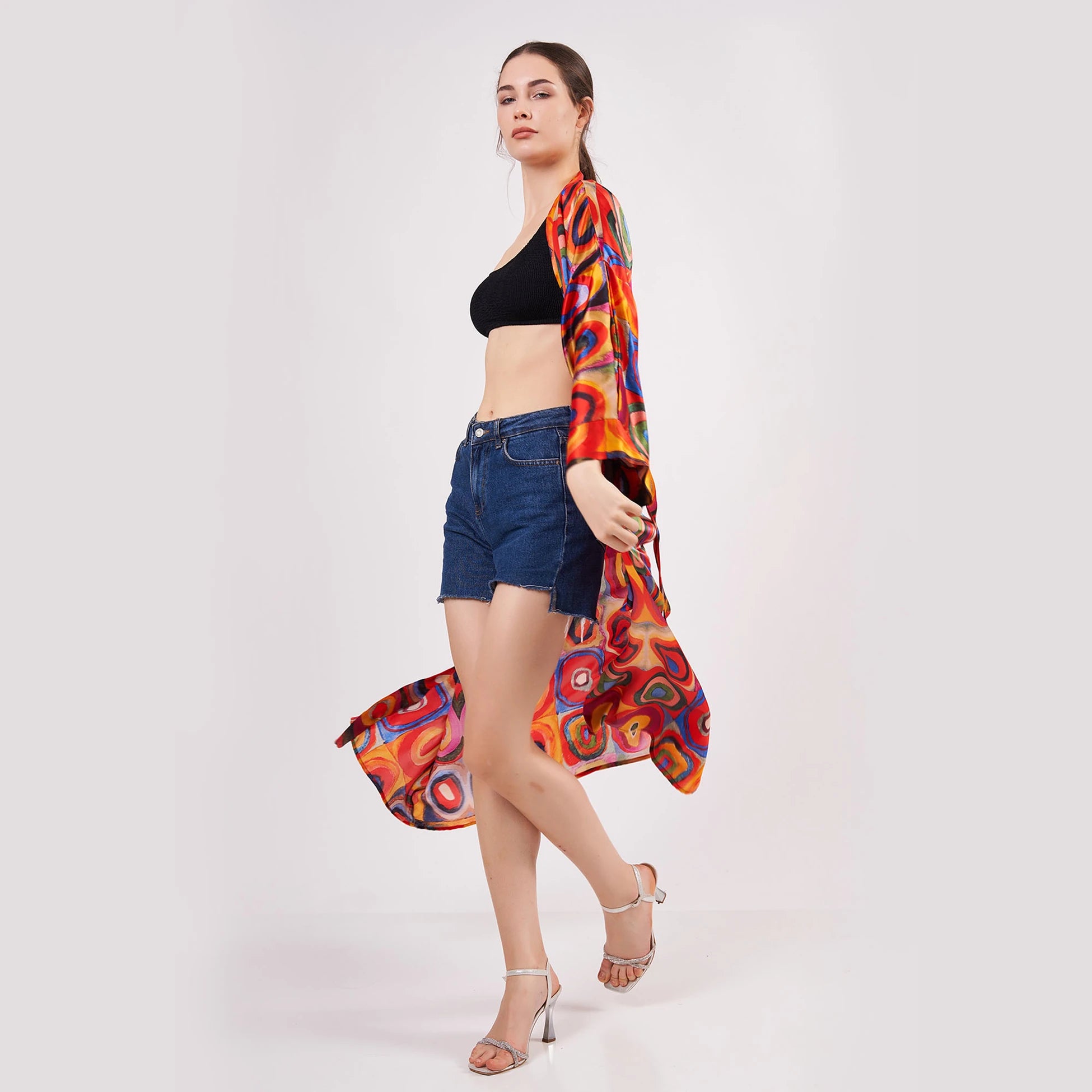 %100 İpek Uzun Kimono Kaftan | Kandinsky Squares with Circles | Nomads Felt