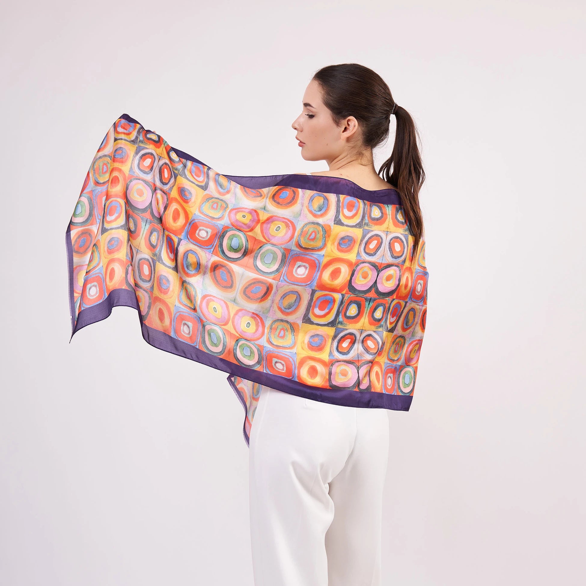 Vual İpek Fular | 55x180 cm | Mor Kandinsky Squares with Concentric Circles | Nomads Felt