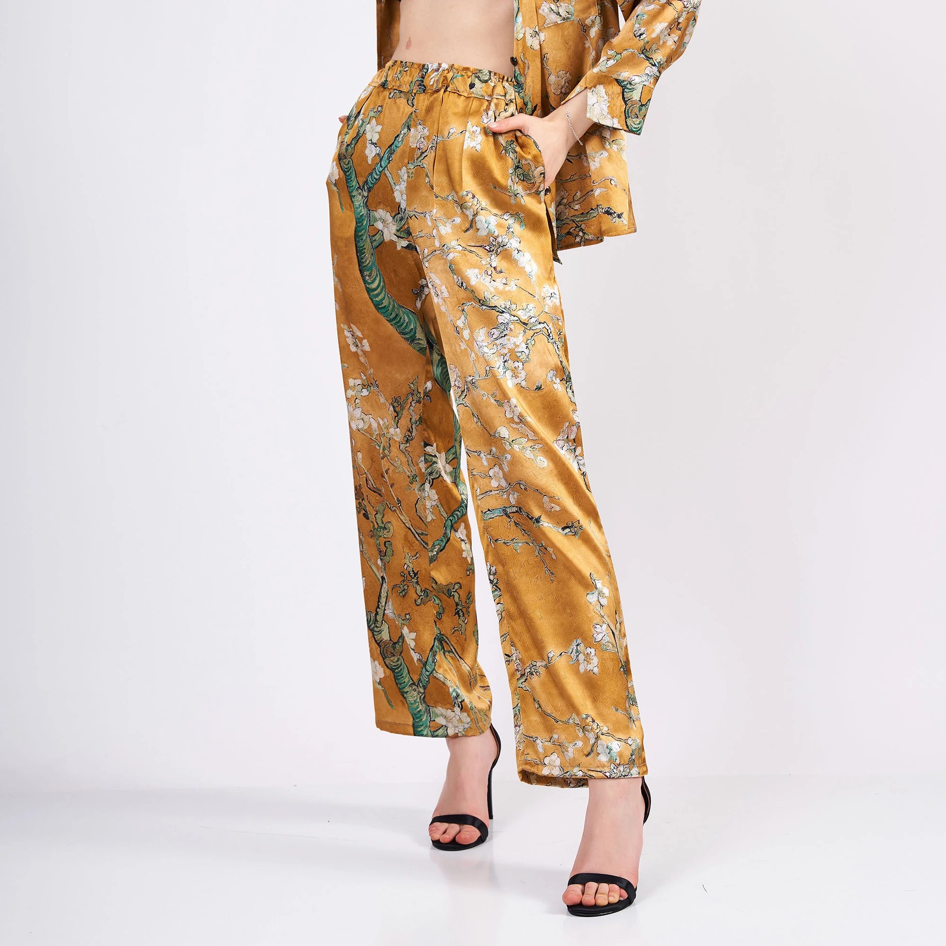 Saf İpek Gömlek-Pantolon-Pijama Takımı | Van Gogh Badem Ağacı Gold | Nomads Felt