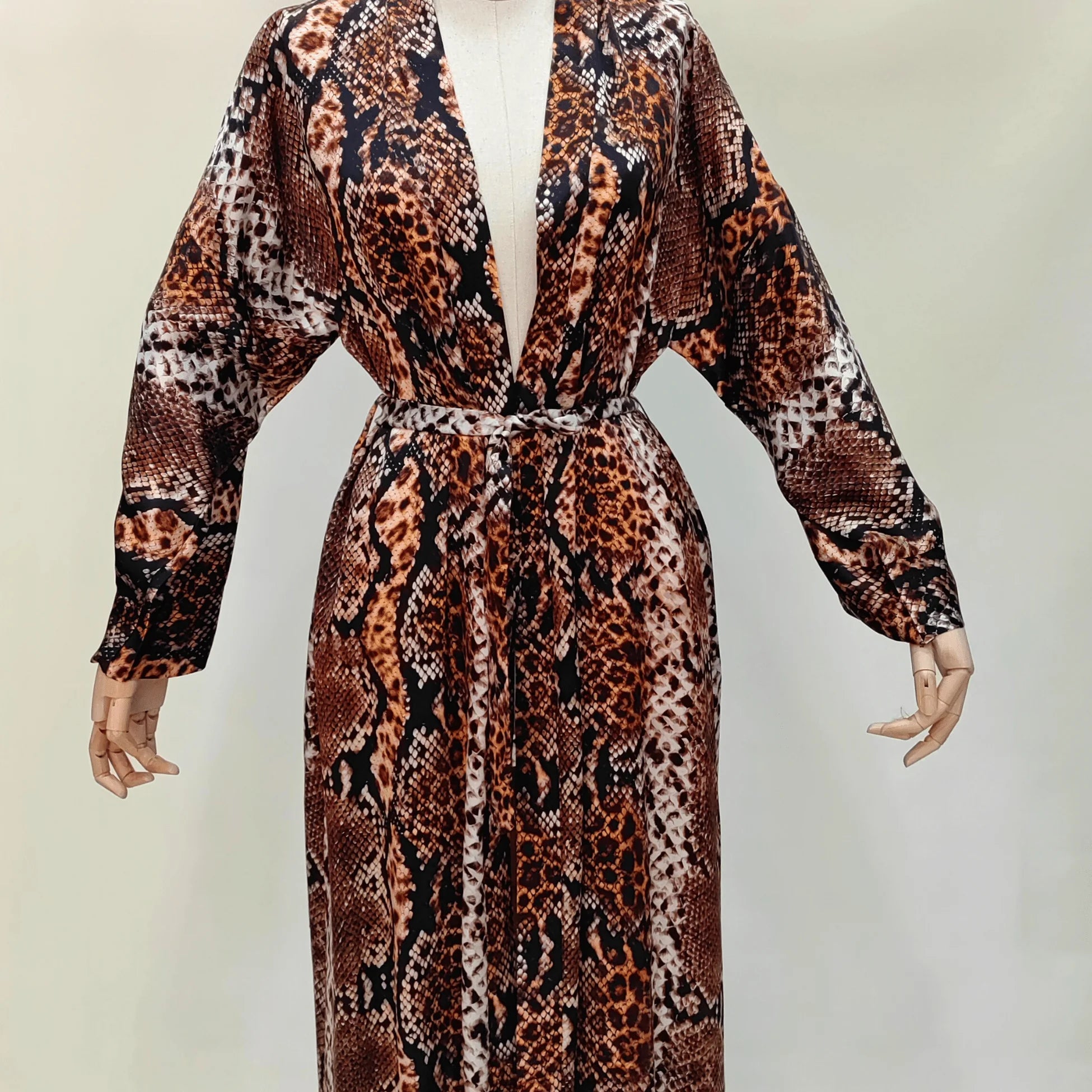 Yılan Derisi Desen %100 İpek Kimono | Kahverengi