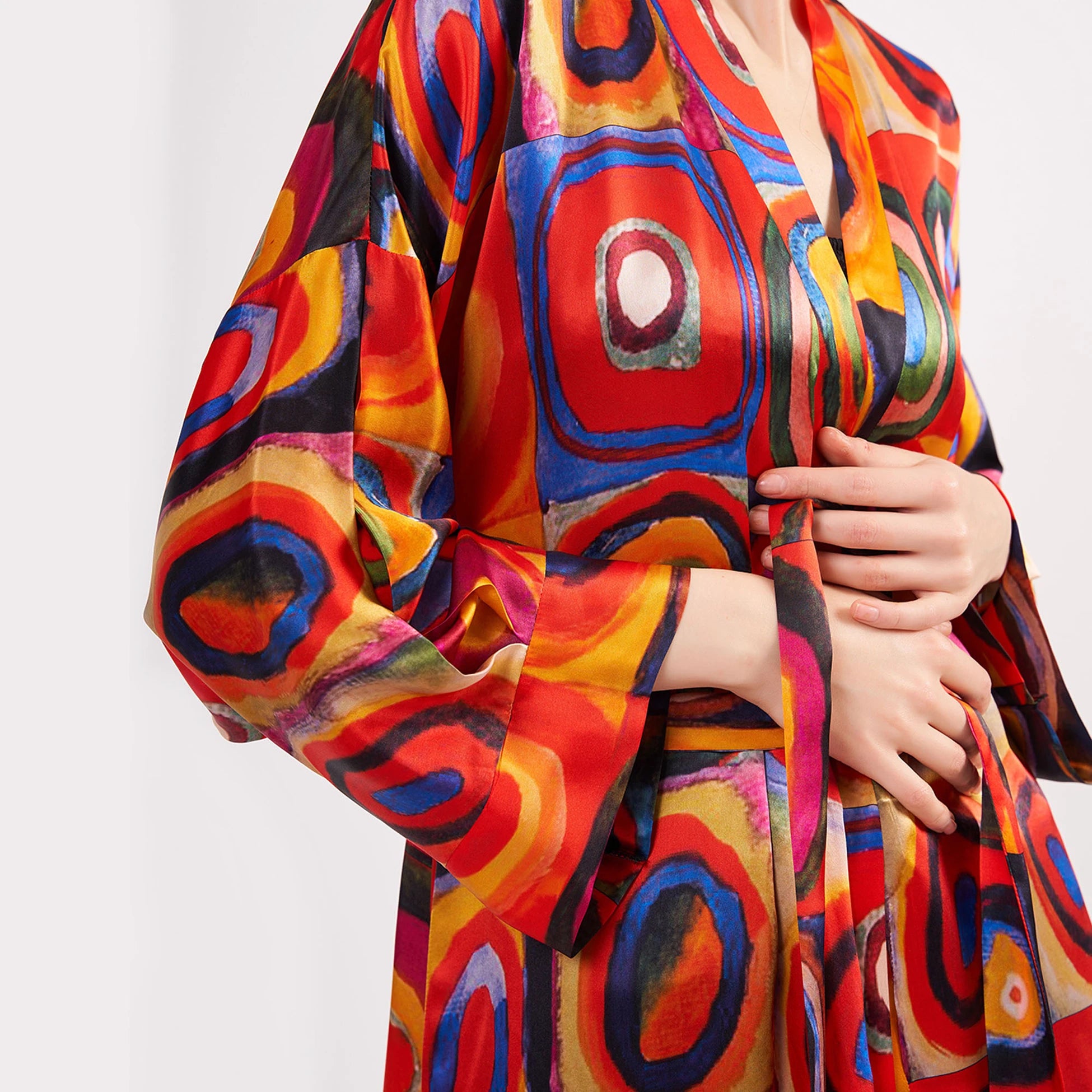 %100 İpek Uzun Kimono Kaftan | Kandinsky Squares with Circles | Nomads Felt