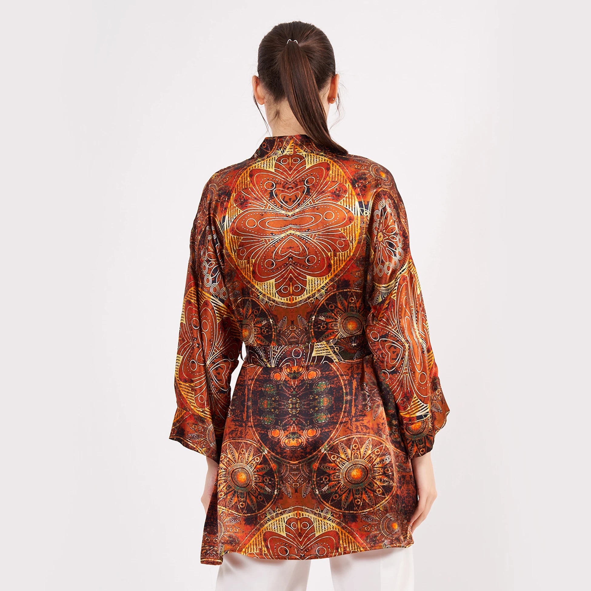 Saf İpek Kısa Kimono Kaftan | Mandala Desen 6 Kahverengi | Nomads Felt