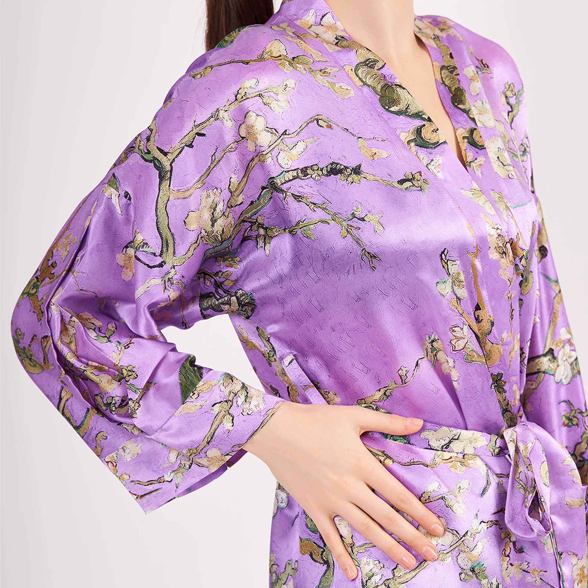 Saf İpek Kısa Kimono Kaftan | Van Gogh Badem Ağacı Mor | Nomads Felt