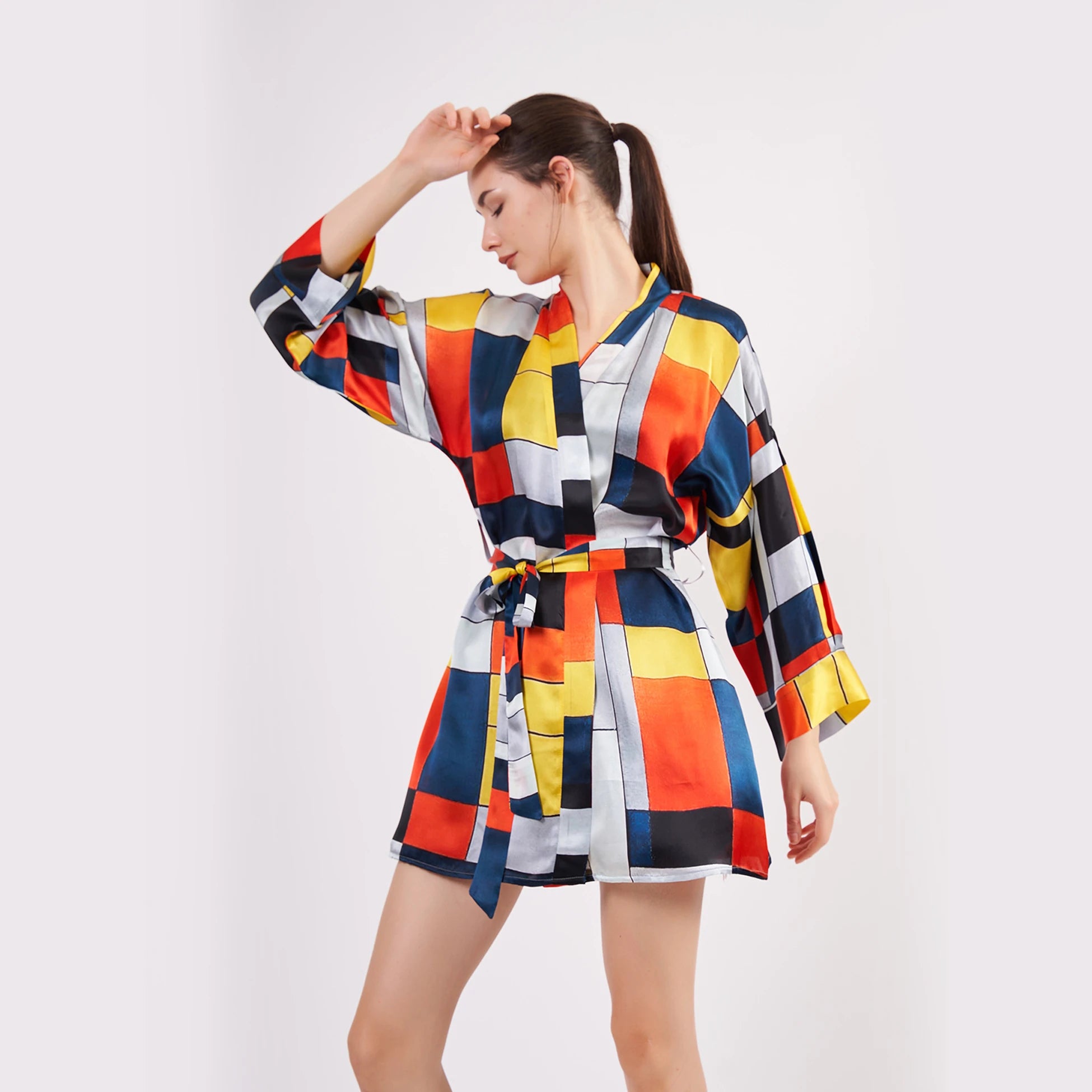 Saf İpek Kısa Kimono Kaftan | Geometrik Desen | Nomads Felt