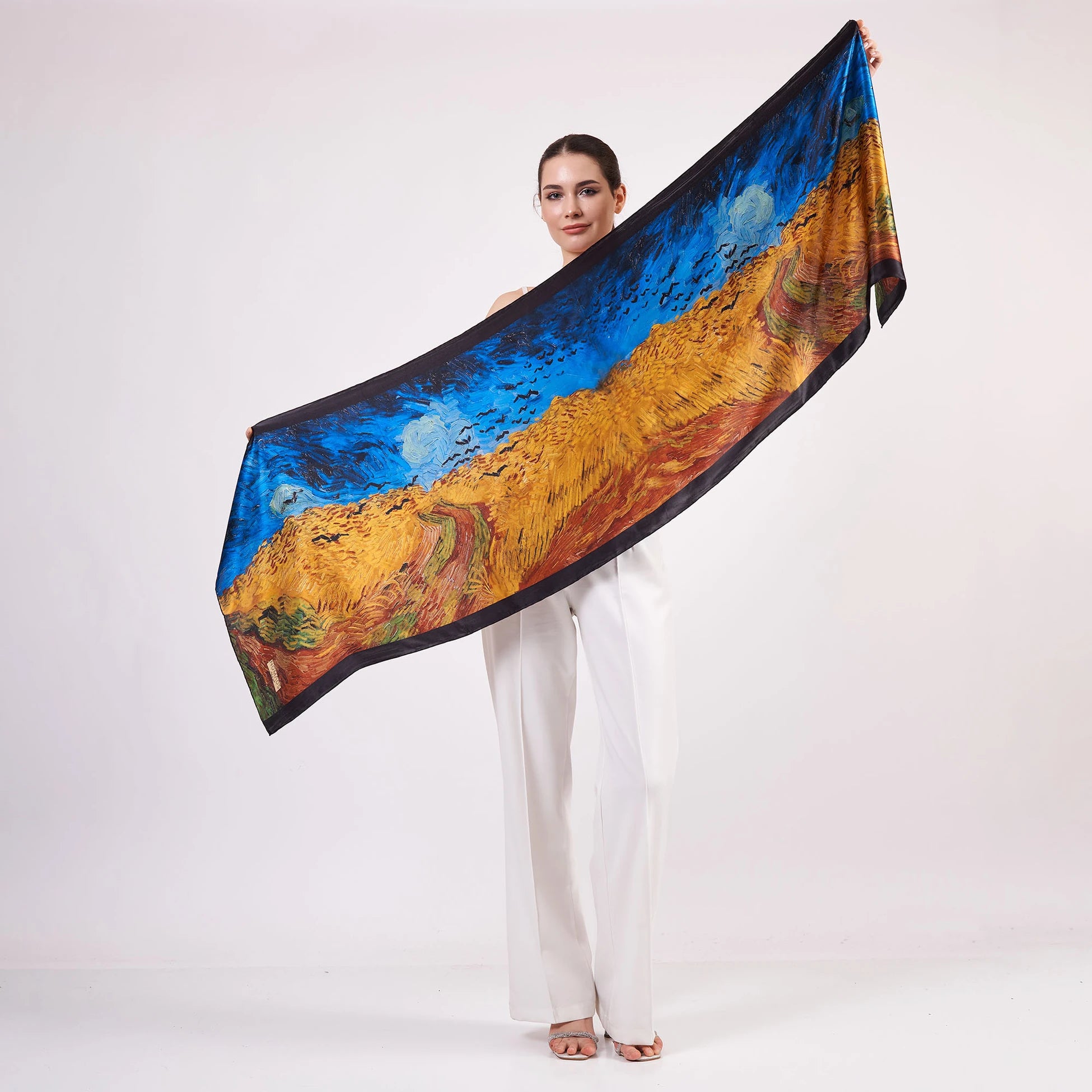 Saf İpek Fular | 55x180 cm | Van Gogh Wheatfield with Crows | Nomads Felt