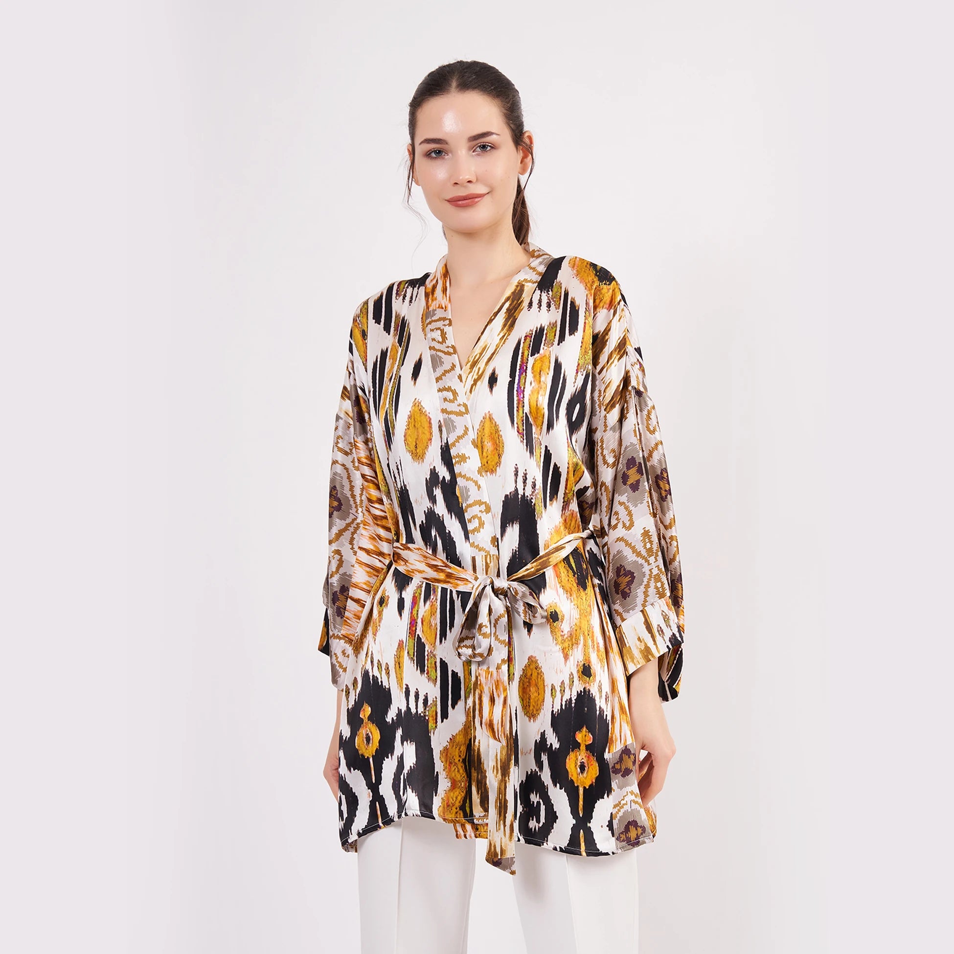 Saf İpek Kısa Kimono Kaftan | Ikat Desen 6 | Nomads Felt