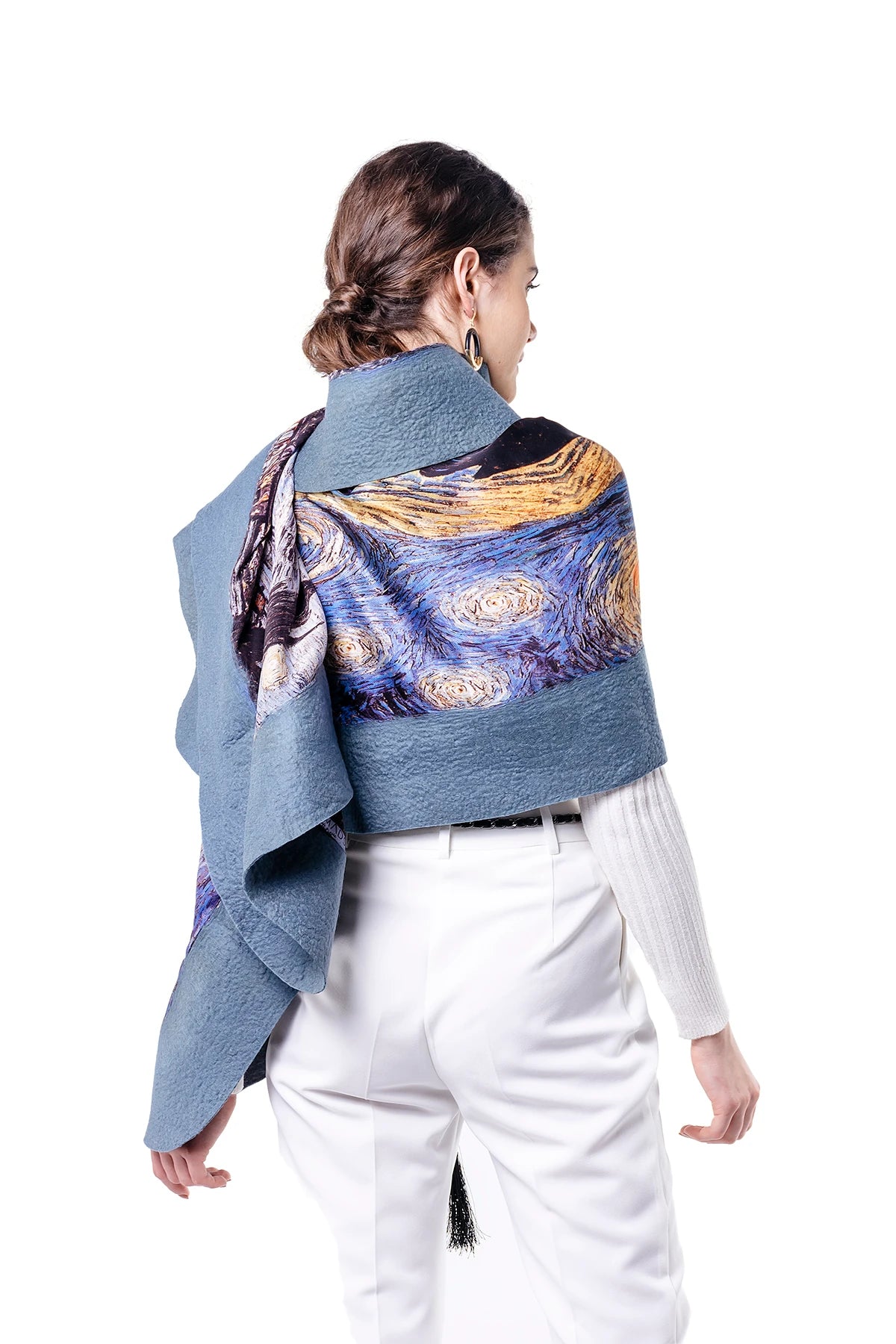 İpek Keçe Şal | Gri Van Gogh Starry Night | Nomads Felt