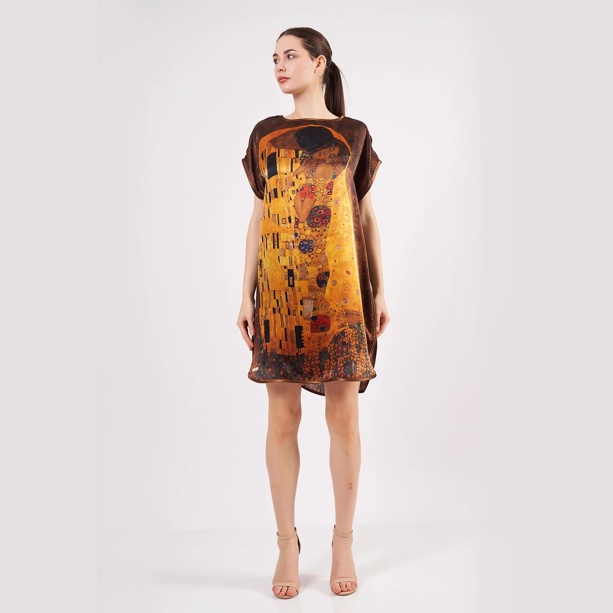 %100 İpek Kısa Elbise | Gustav Klimt The Kiss | Nomads Felt
