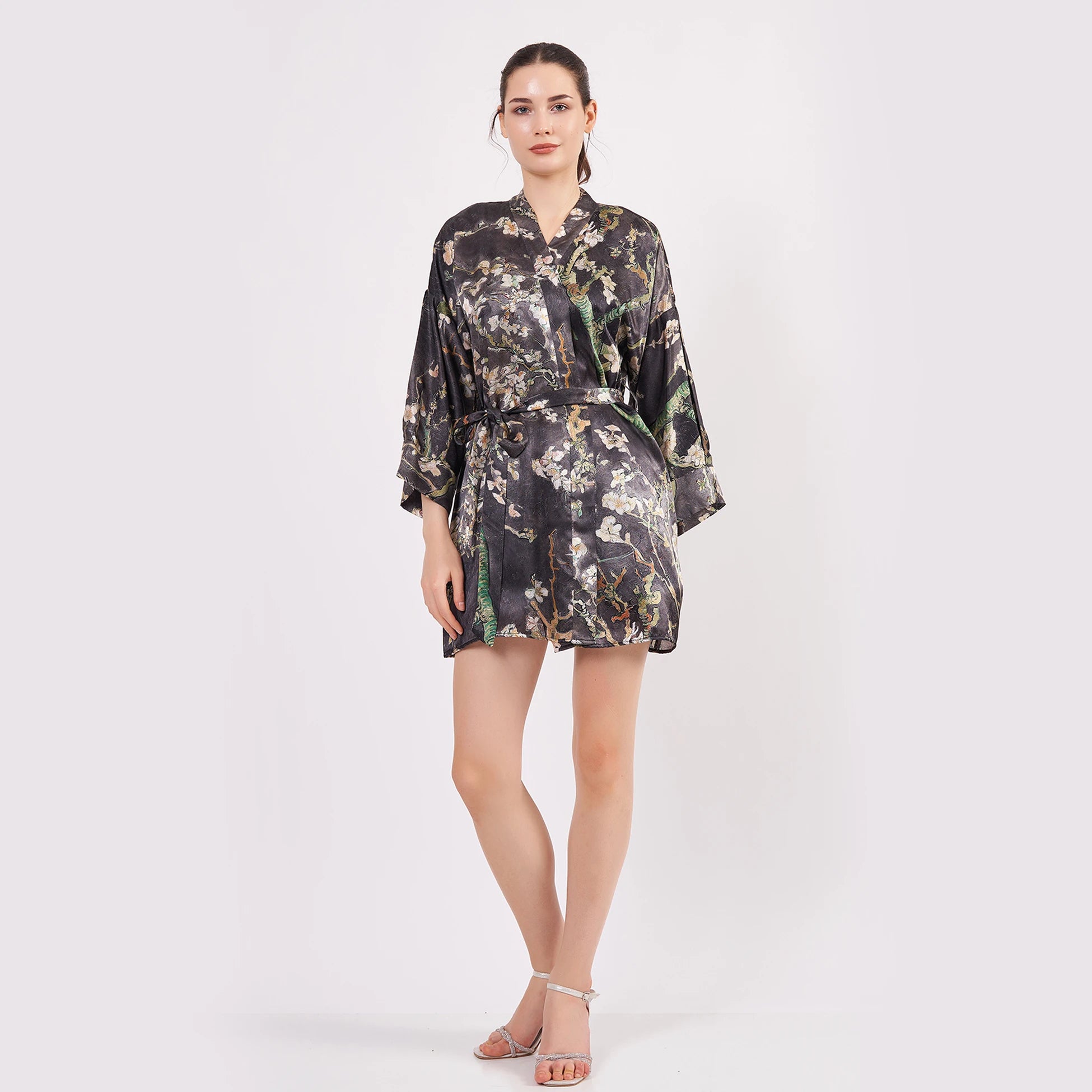 Saf İpek Kısa Kimono Kaftan | Van Gogh Badem Ağacı Antrasit | Nomads Felt