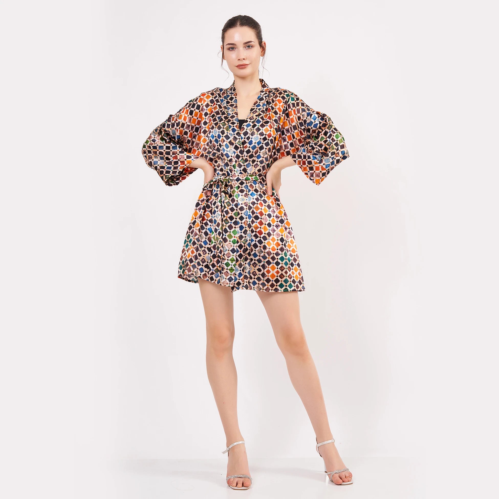 Saf İpek Kısa Kimono Kaftan | Elhamra Desen | Nomads Felt