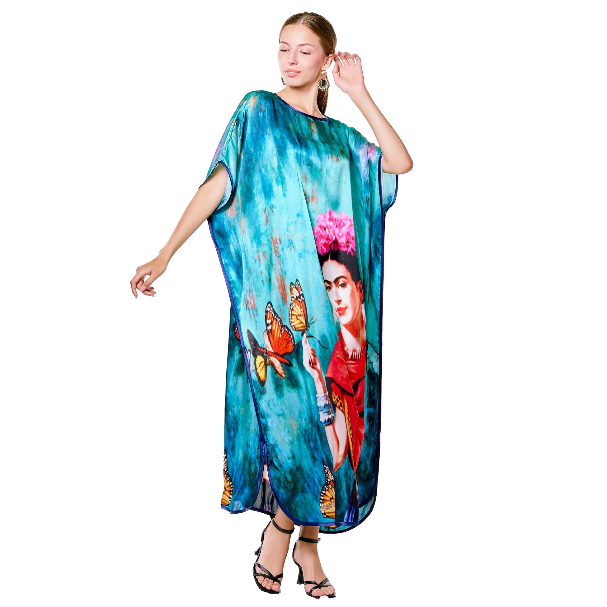 Mavi Frida Kahlo Butterfly Desenli İpek Elbise
