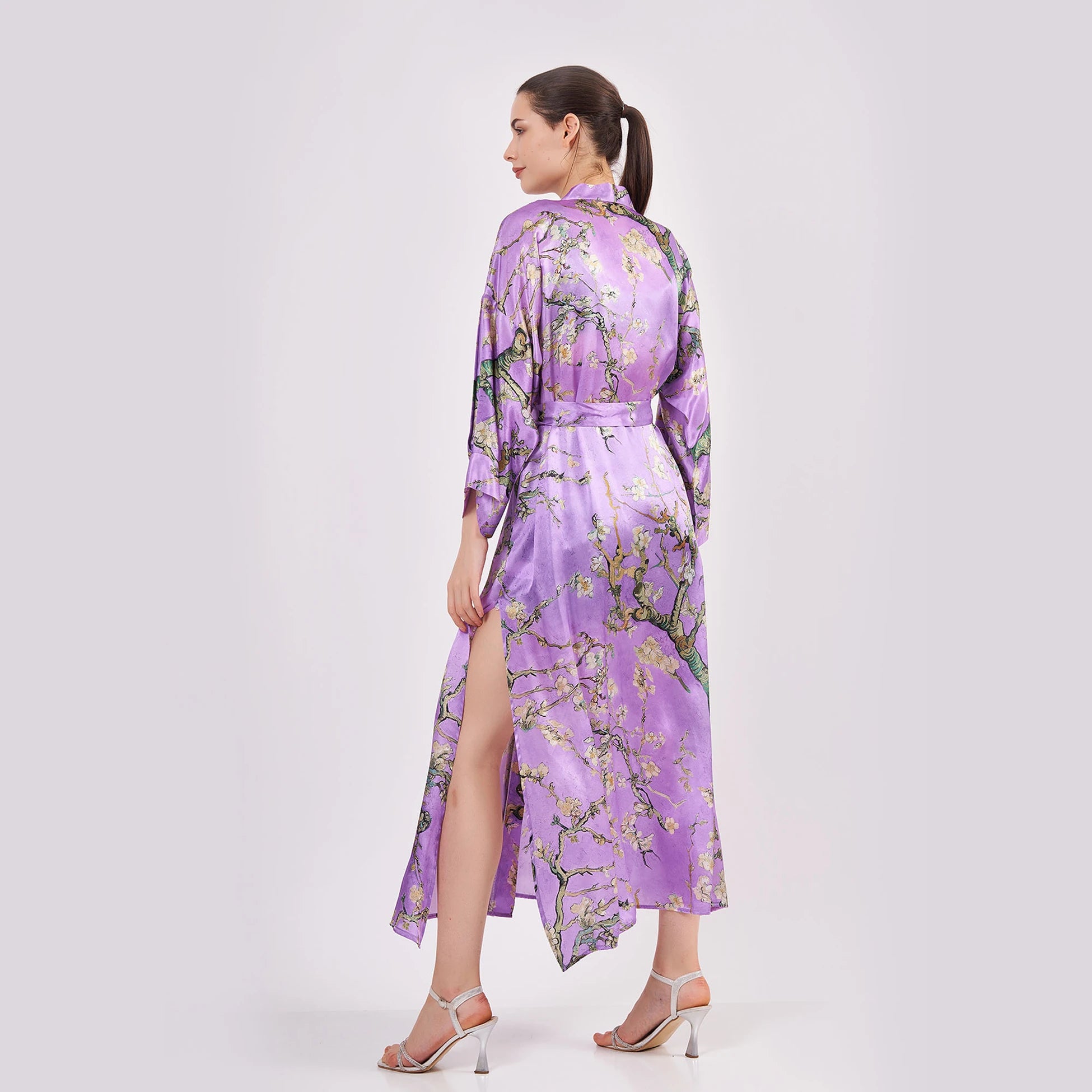 Saf İpek Uzun Kimono Kaftan | Mor Van Gogh Badem Ağacı | Nomads Felt
