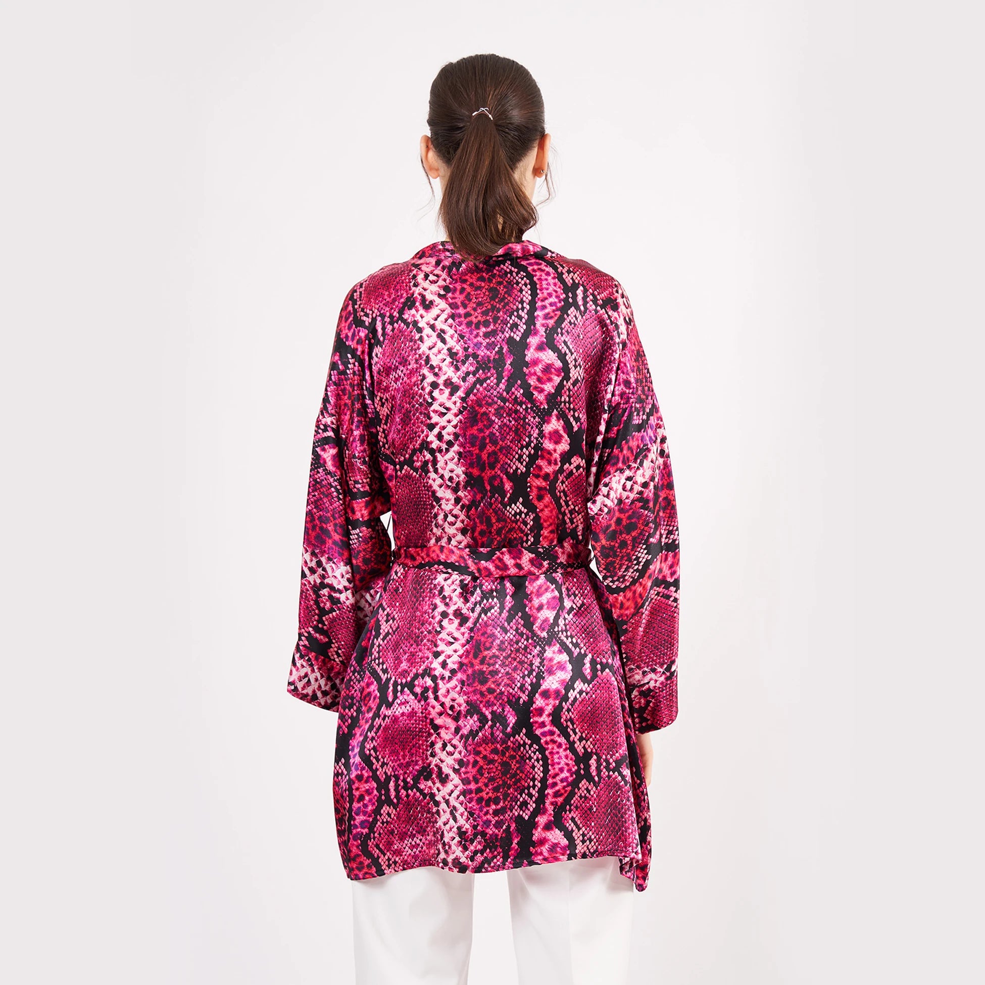 Saf İpek Kısa Kimono Kaftan | Yılan Derisi Desen Fuşya | Nomads Felt