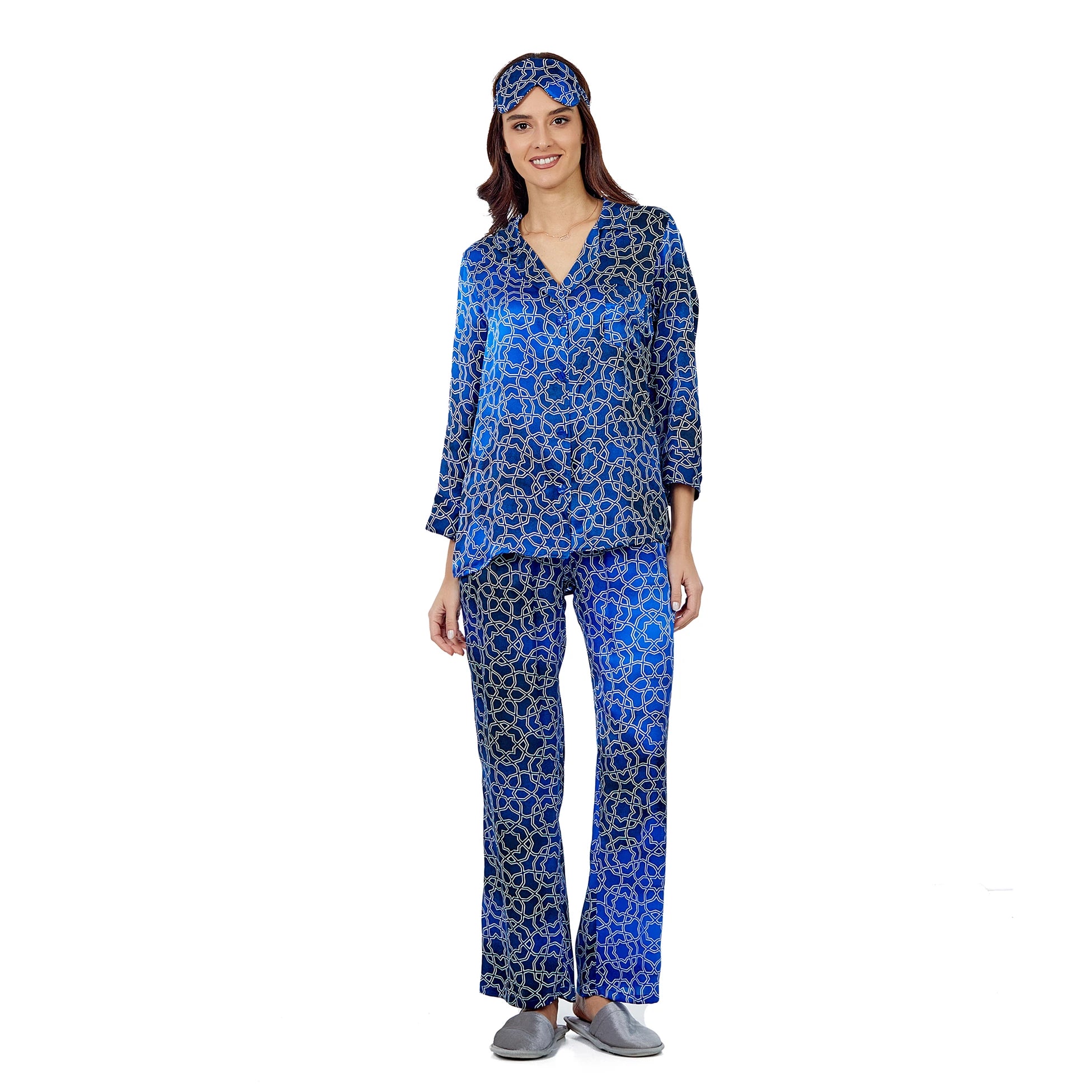 %100 İpek Gömlek-Pantolon / Pijama Takımı | Mavi-Lacivert Desenli | Nomads Felt