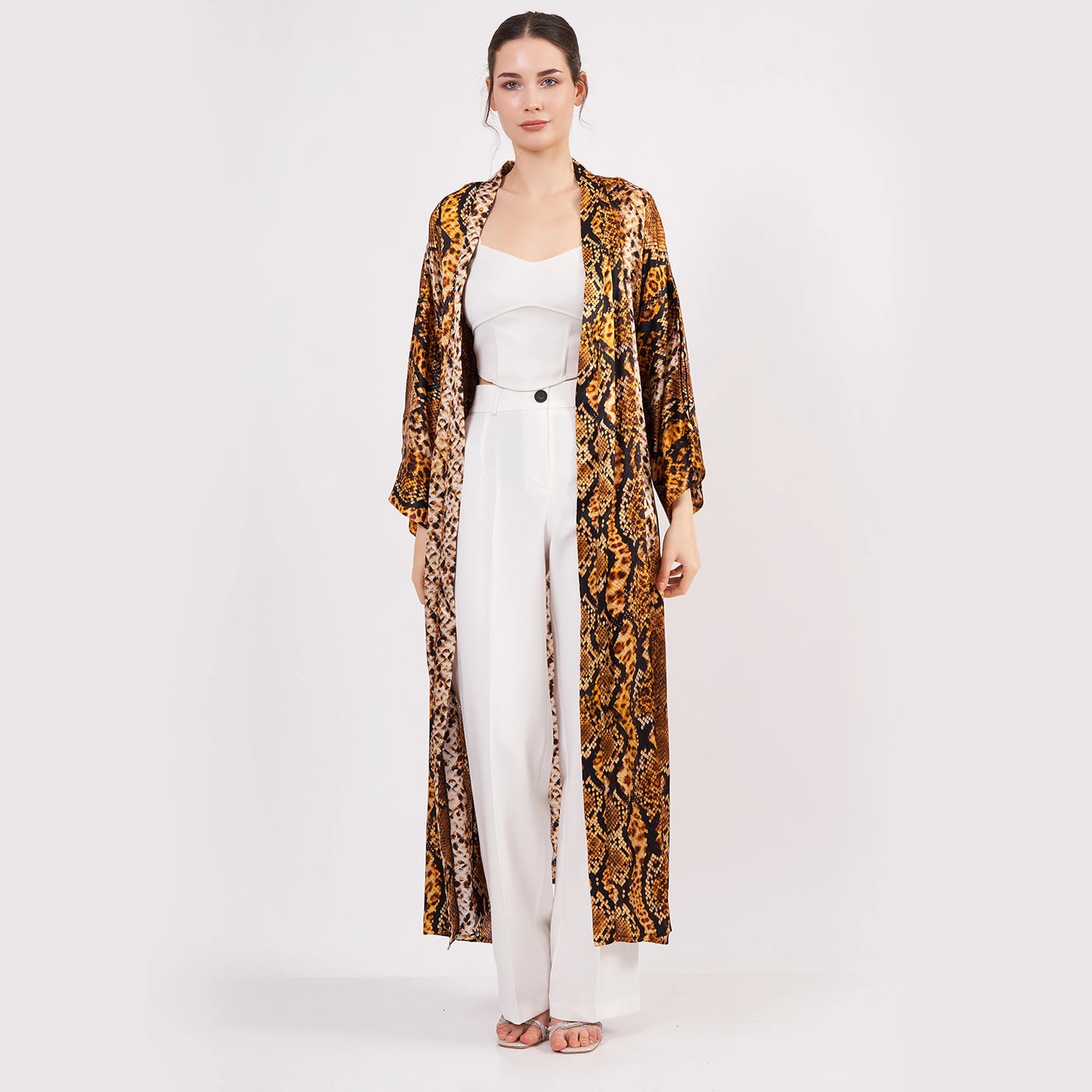 %100 İpek Uzun Kimono | Gold-Kahve | Yılan Derisi Desen | Nomads Felt