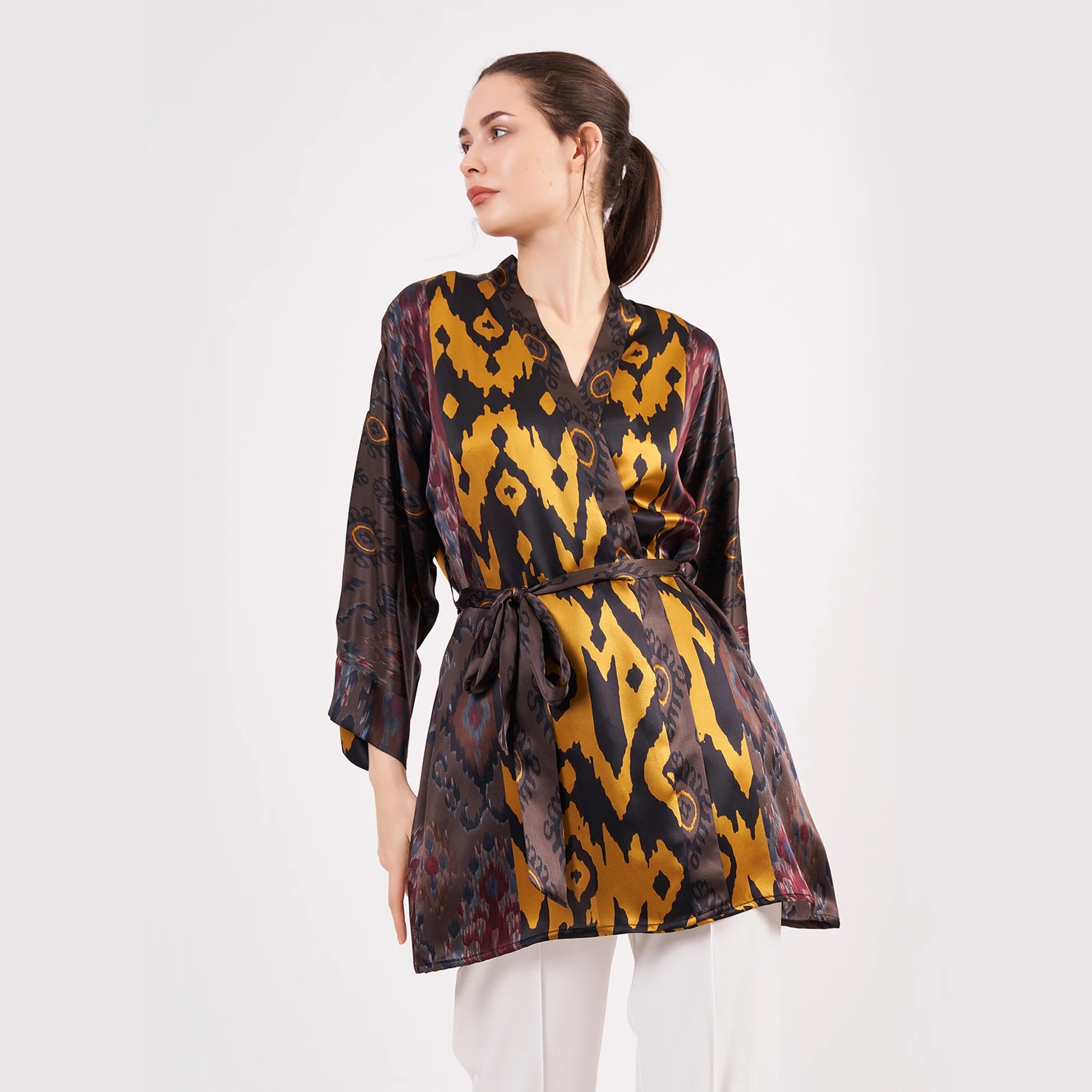Saf İpek Kısa Kimono Kaftan | Ikat Desen 9 | Nomads Felt