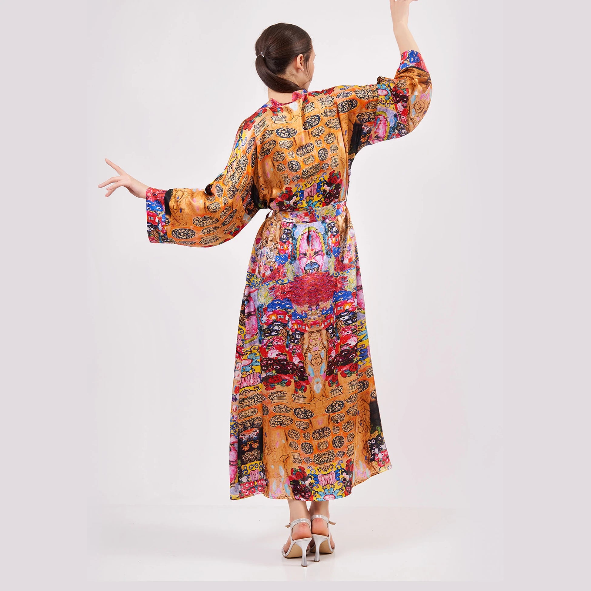 %100 İpek Uzun Kimono Kaftan | Çiçek Desen | Nomads Felt