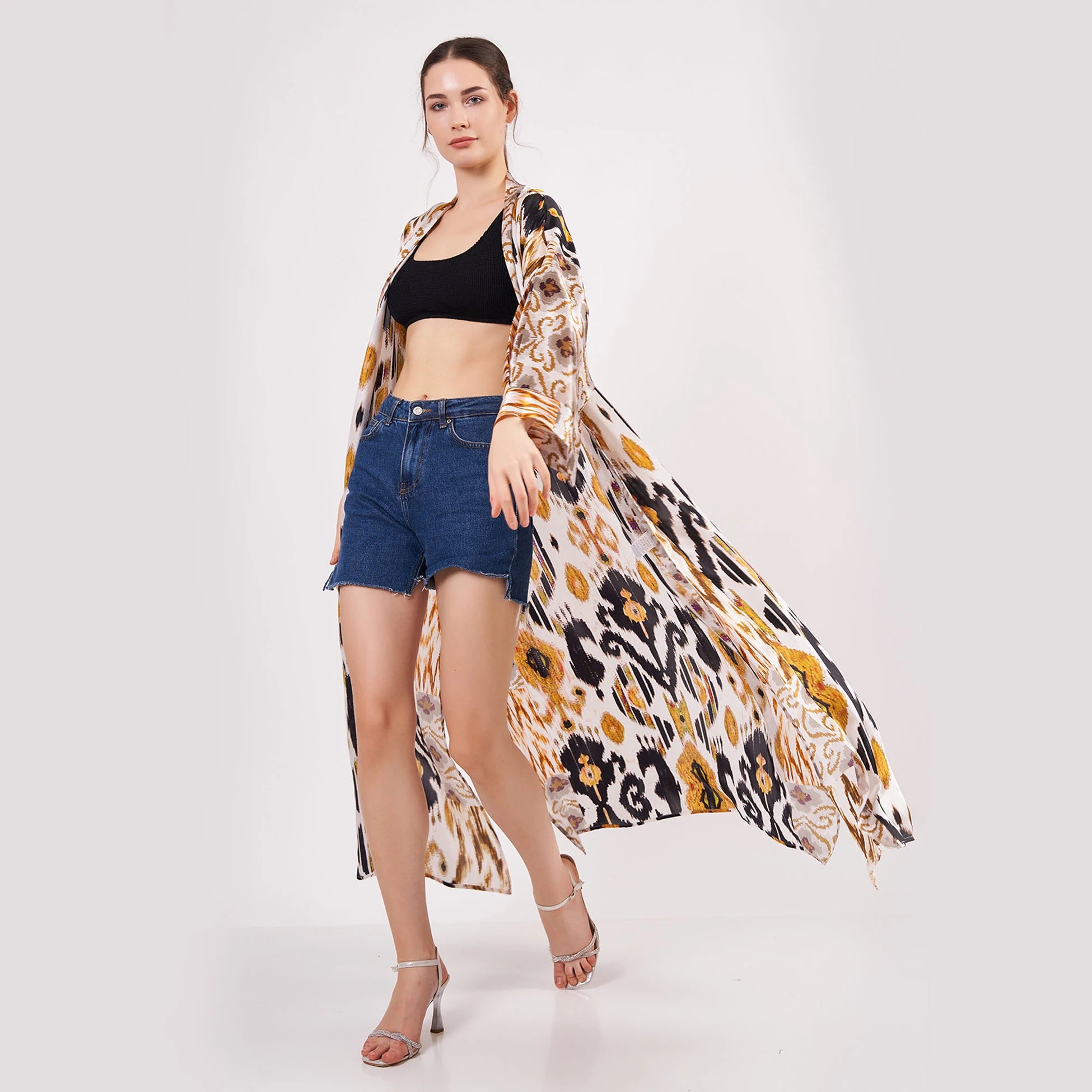%100 İpek Uzun Kimono Kaftan | Ikat Desen 18 | Nomads Felt