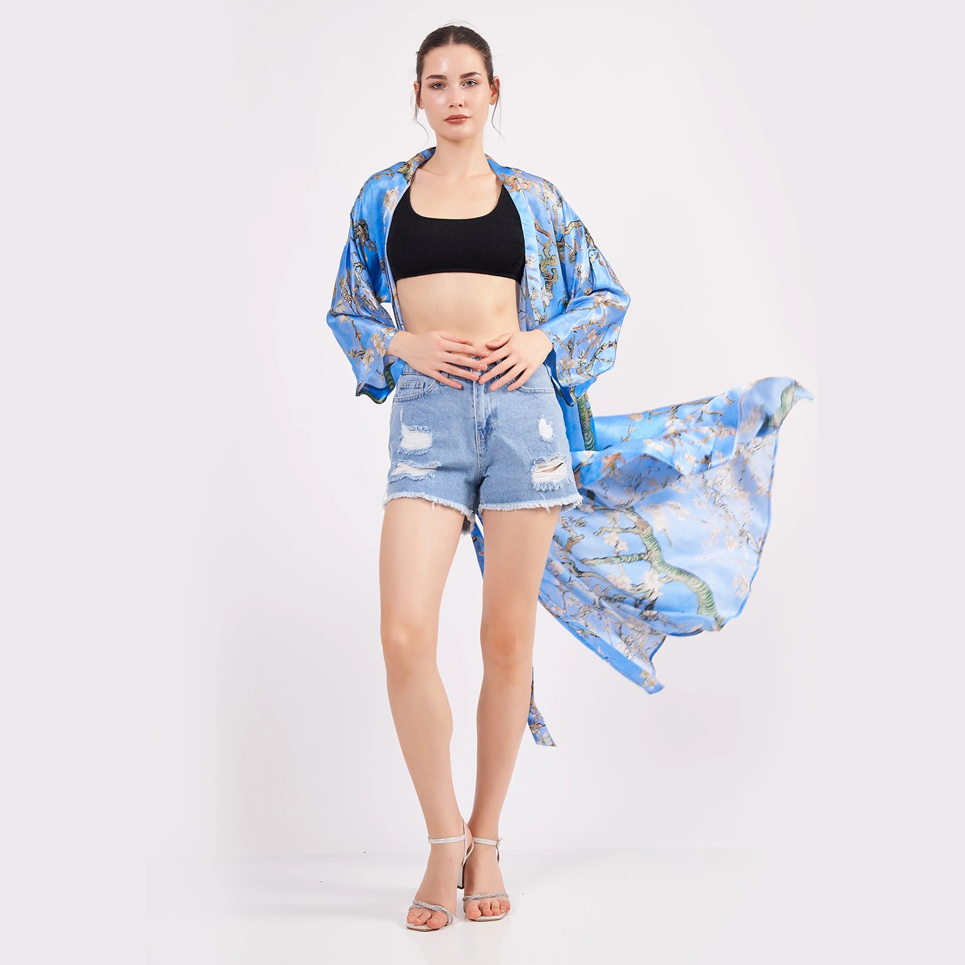 %100 İpek Kimono Kaftan | Mavi | Van Gogh Badem Ağacı | Nomads Felt