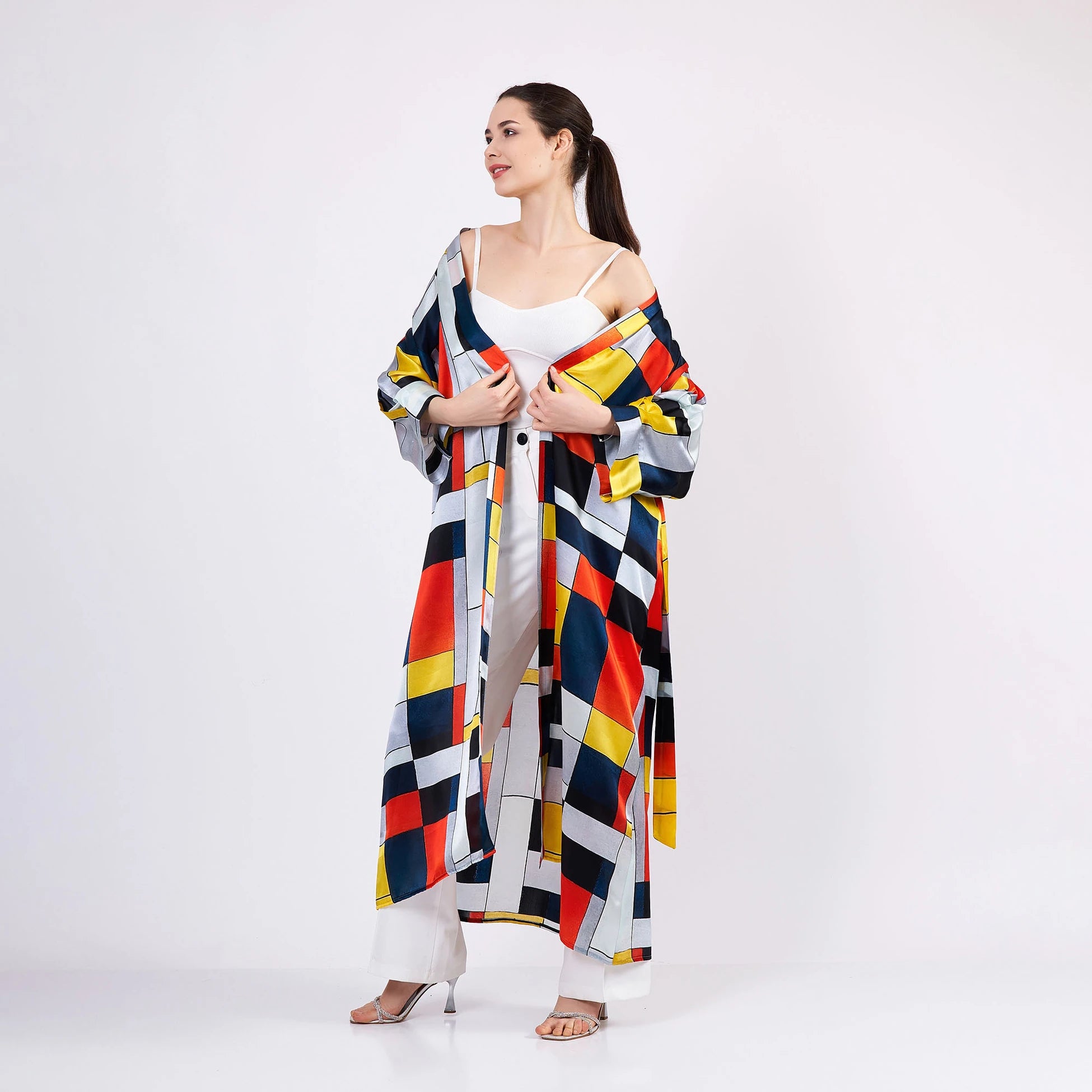 Saf İpek Uzun Kimono Kaftan | Geometrik Desen | Nomads Felt