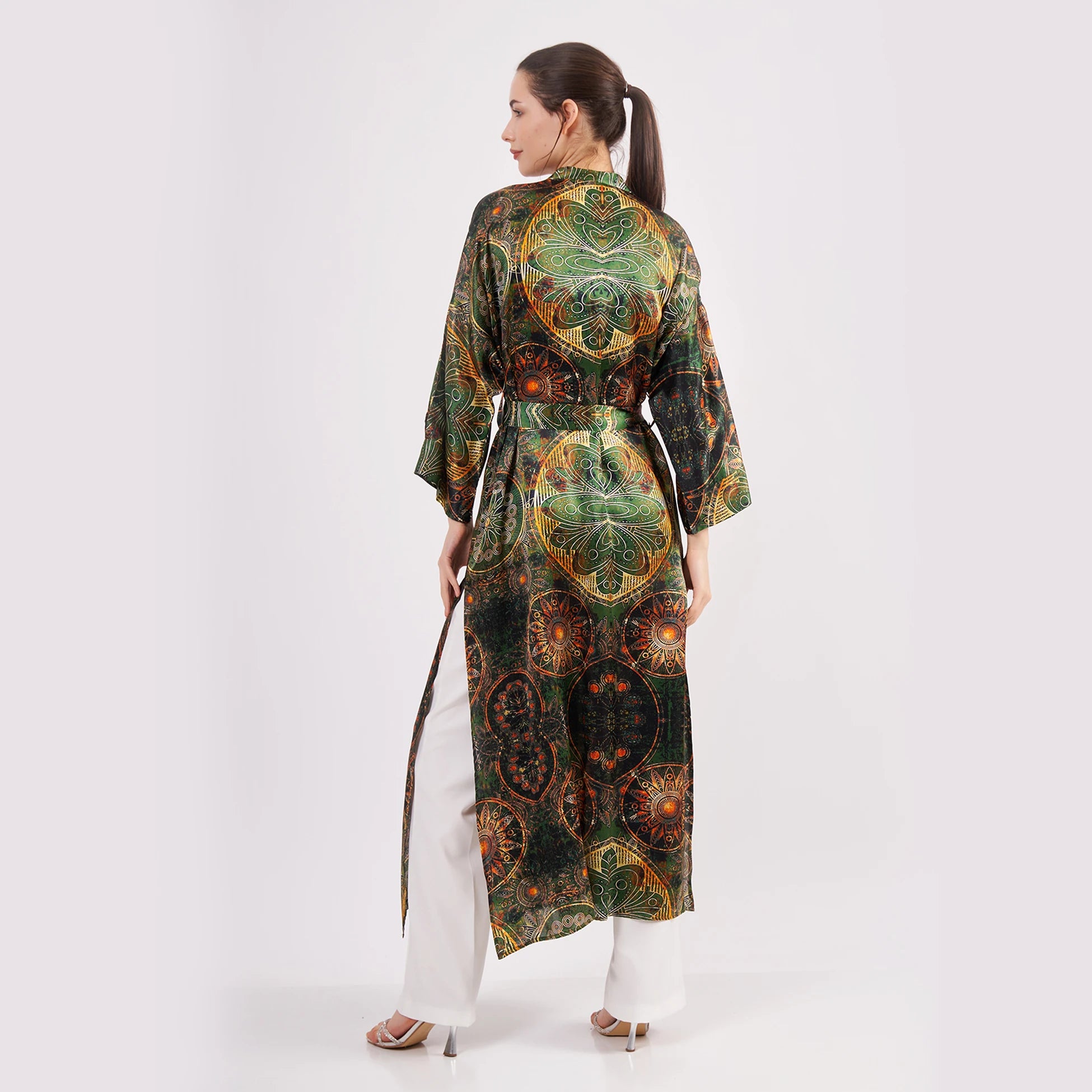 Saf İpek Kimono Kaftan | Mandala Desen | Haki