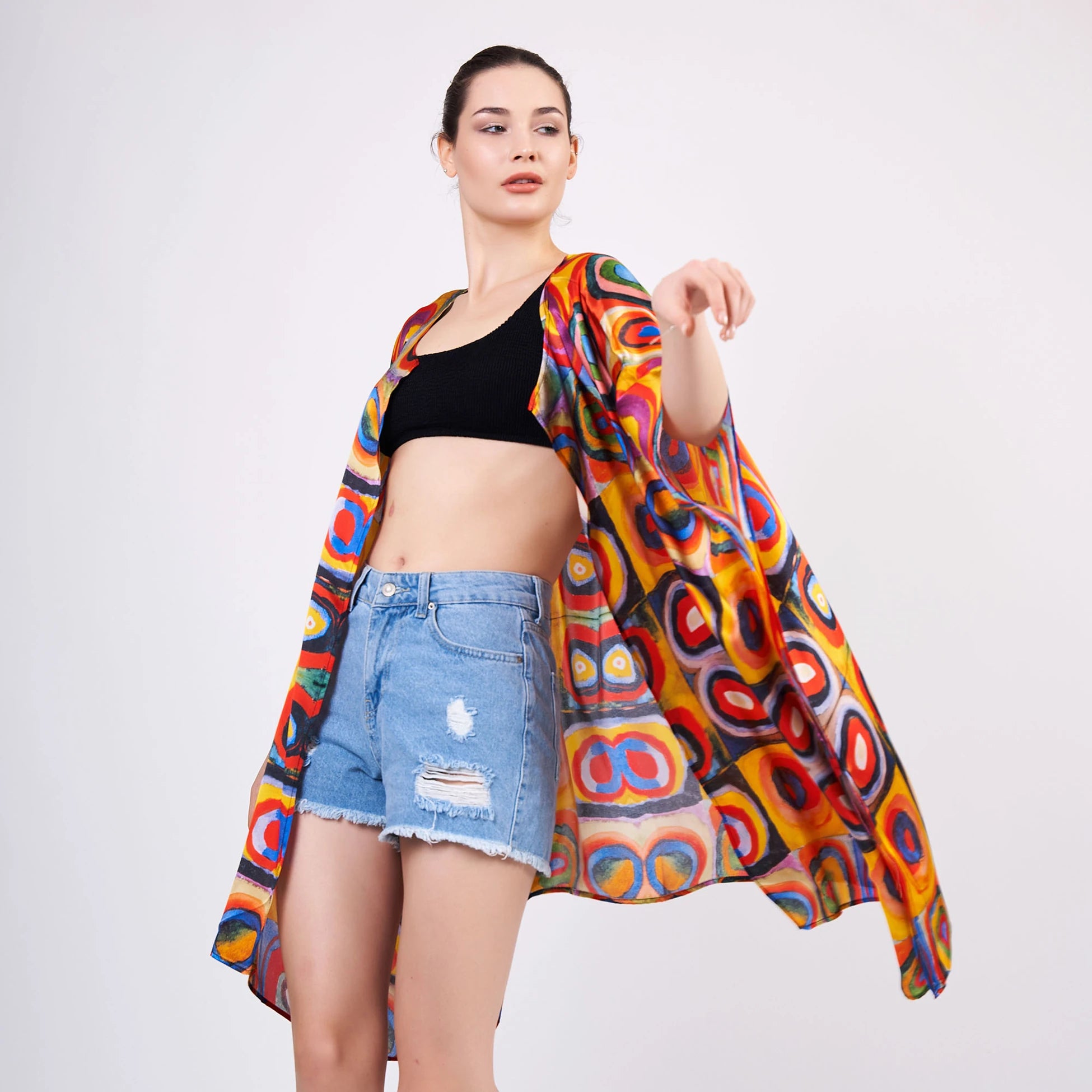 %100 İpek Kısa Kimono Pareo | Kandinsky Squares with Circles | Nomads Felt