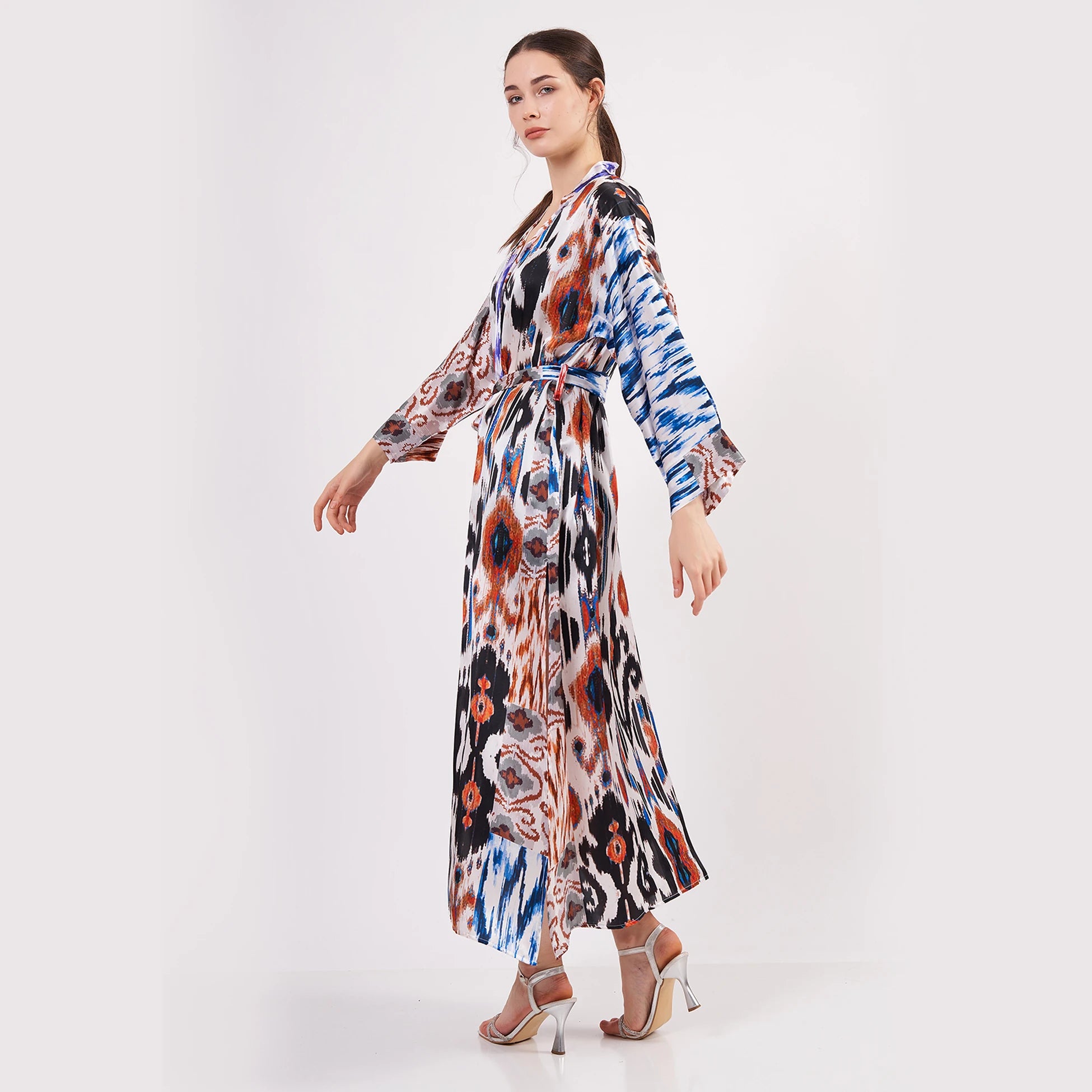 %100 İpek Uzun Kimono Kaftan | Ikat Desen 9 | Nomads Felt