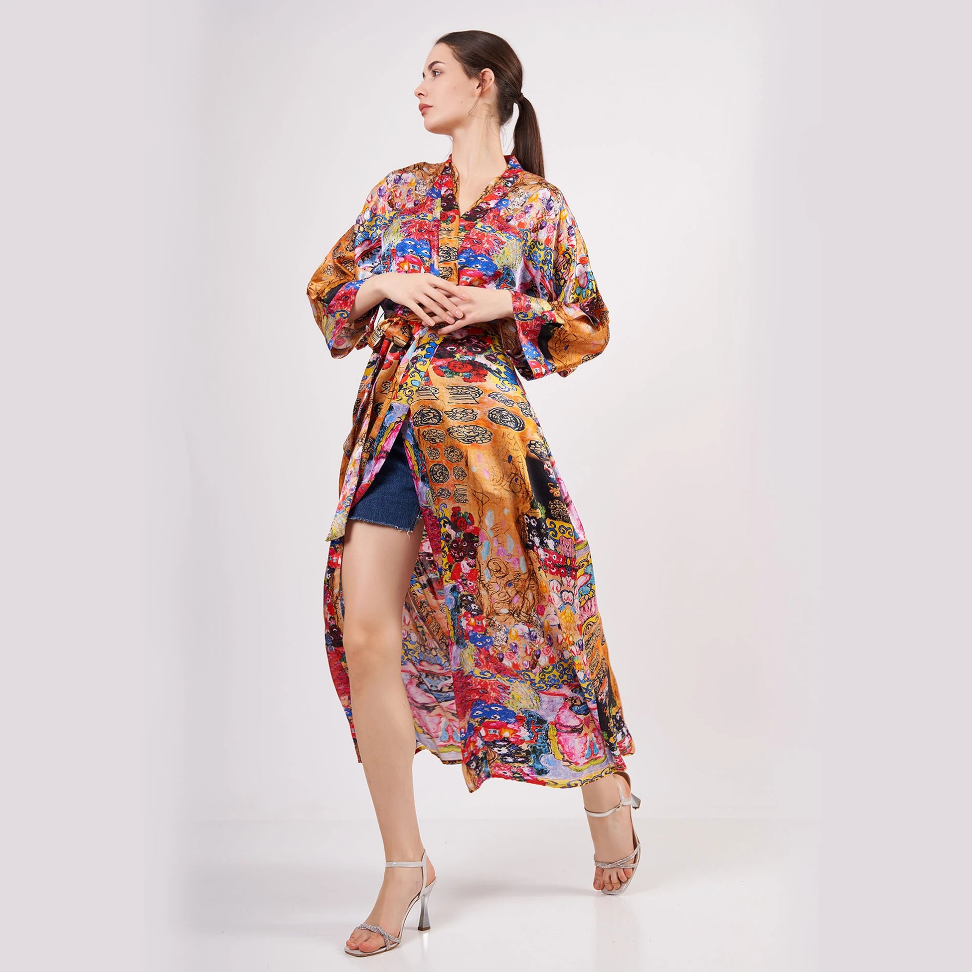%100 İpek Uzun Kimono Kaftan | Çiçek Desen | Nomads Felt