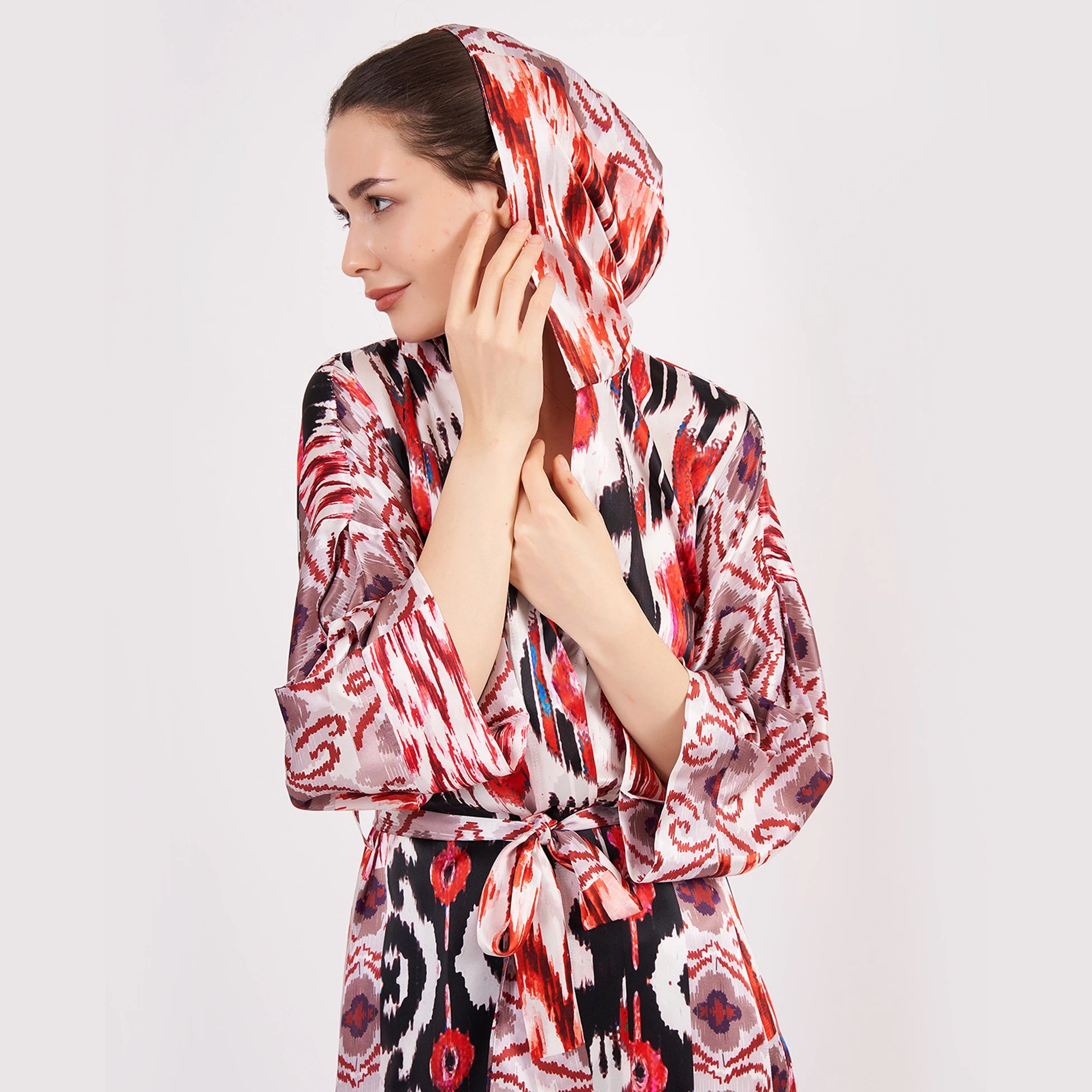 Saf İpek Kapüşonlu Kimono Kaftan İkat Desen 18 | Nomads Felt