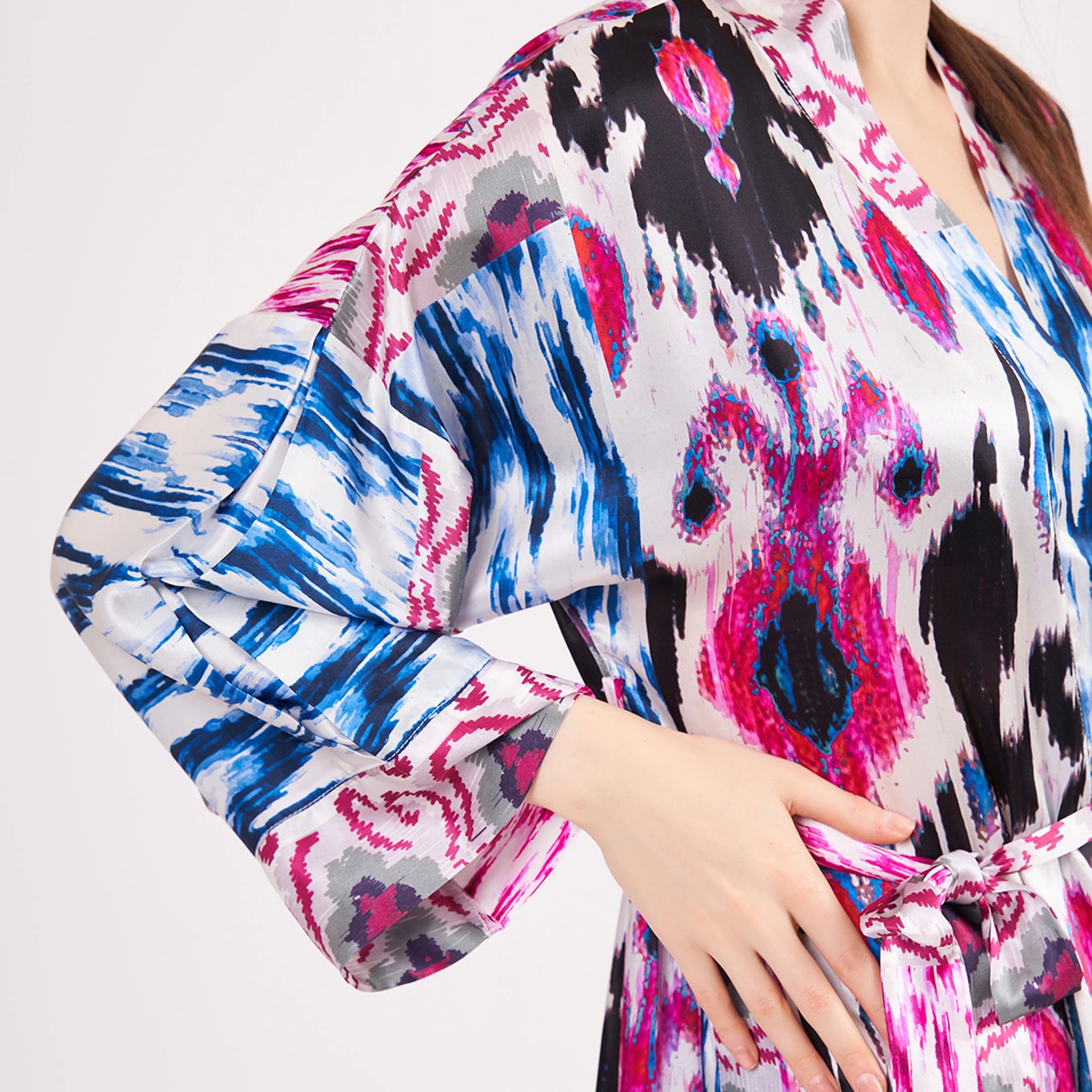 Saf İpek Uzun Kimono Kaftan | Ikat Desen 15 | Nomads Felt
