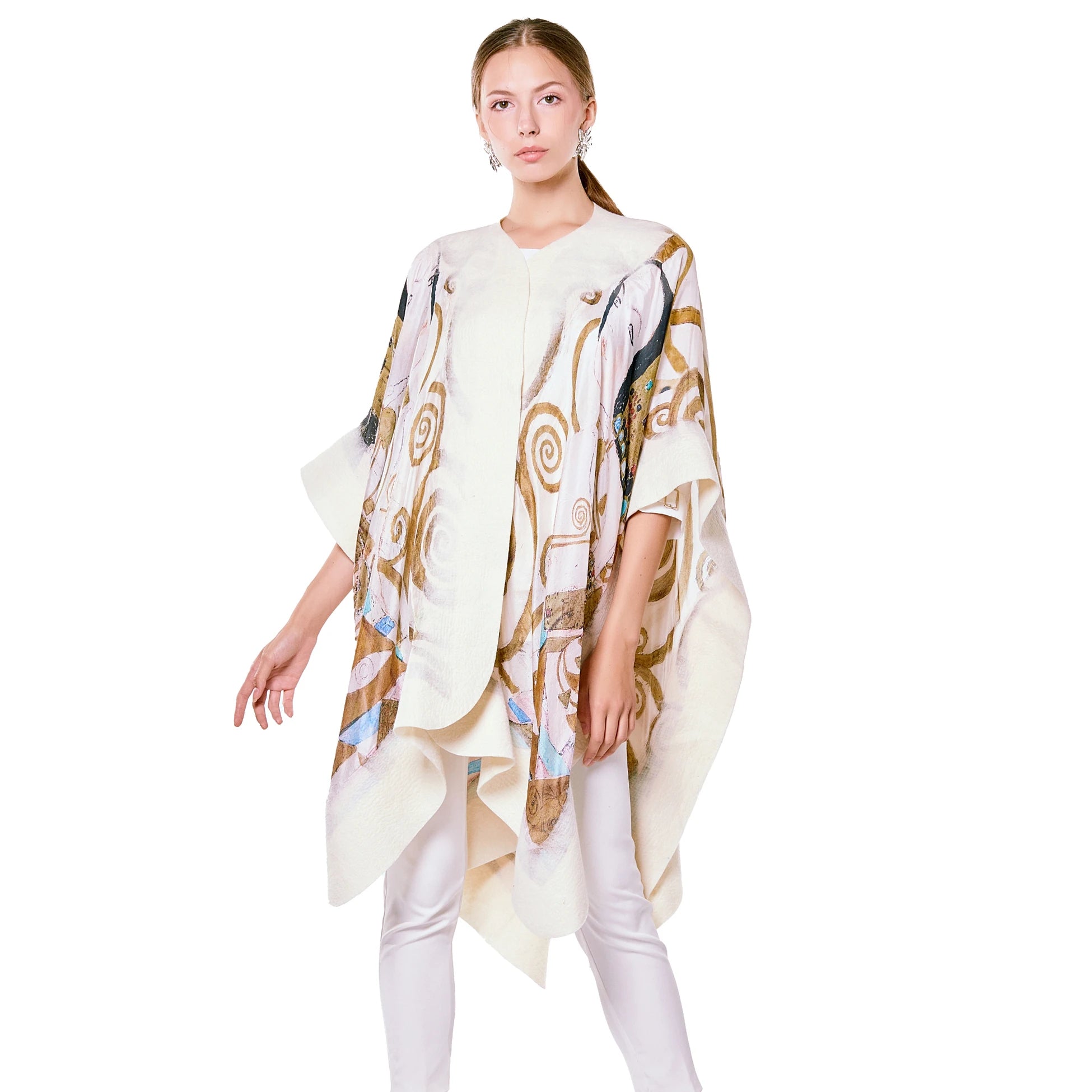 İpek-Keçe Panço | Beyaz Gustav Klimt Expectation | Nomads Felt