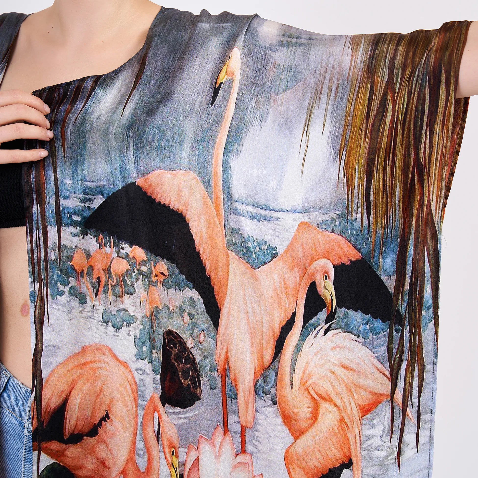 %100 İpek Kısa Kimono Pareo | Flamingo Desen | Nomads Felt