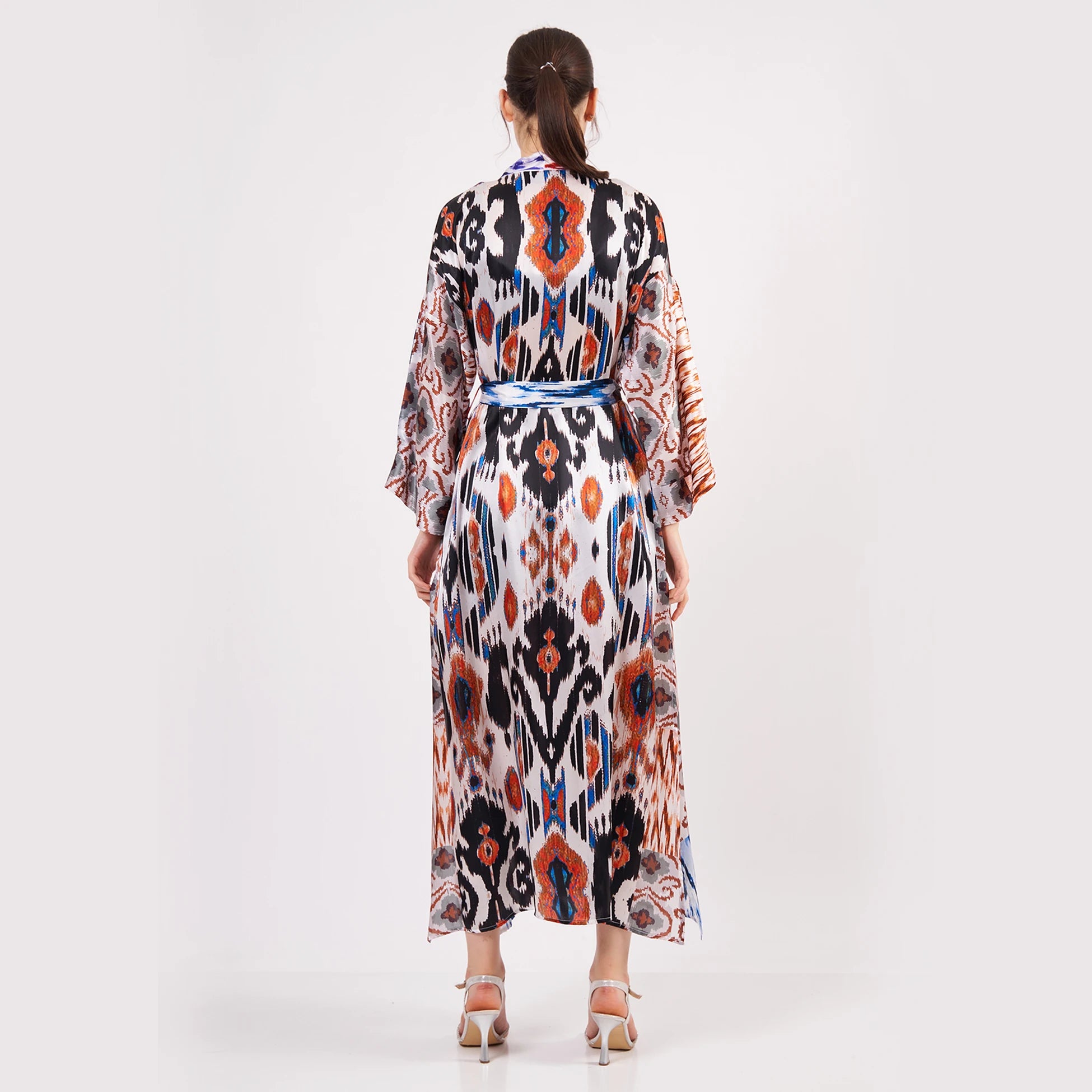 %100 İpek Uzun Kimono Kaftan | Ikat Desen 9 | Nomads Felt