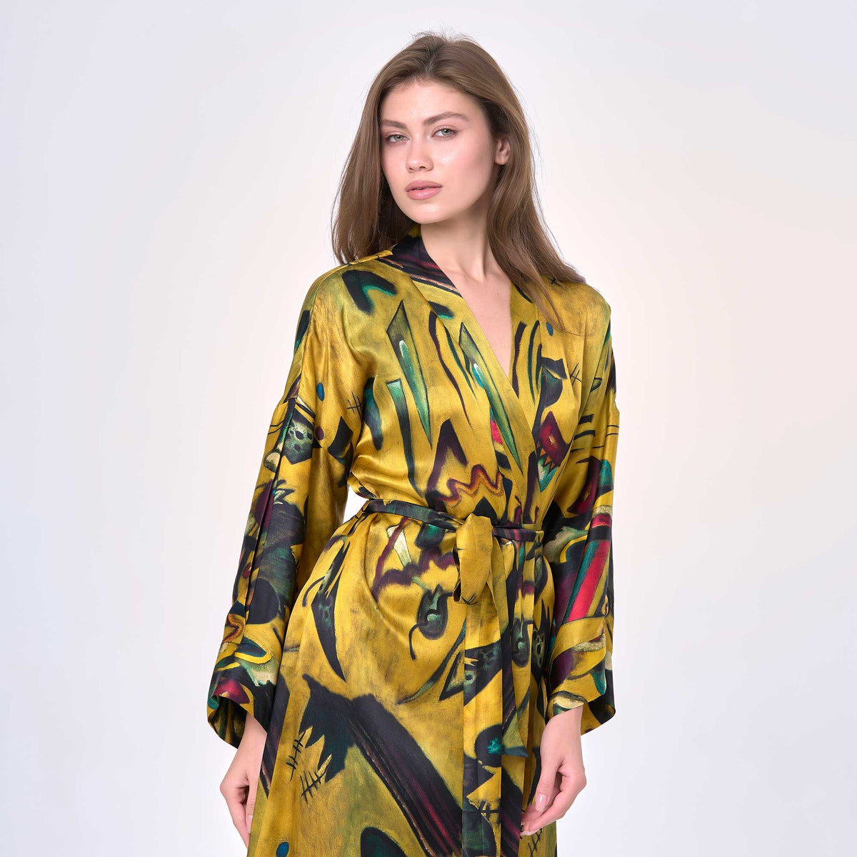 %100 İpek Uzun Kimono Kaftan | Point And Line Desenli
