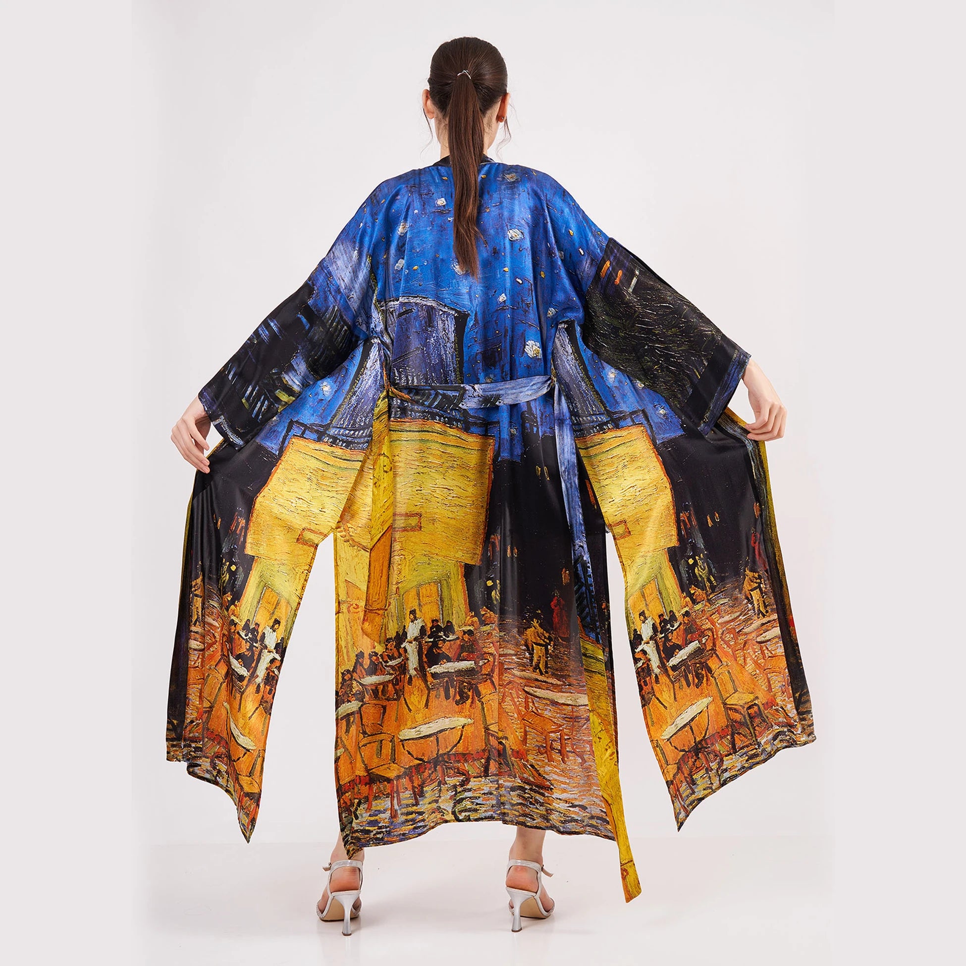%100 İpek Uzun Kimono | Van Gogh Cafe Terrace at Night | Nomads Felt