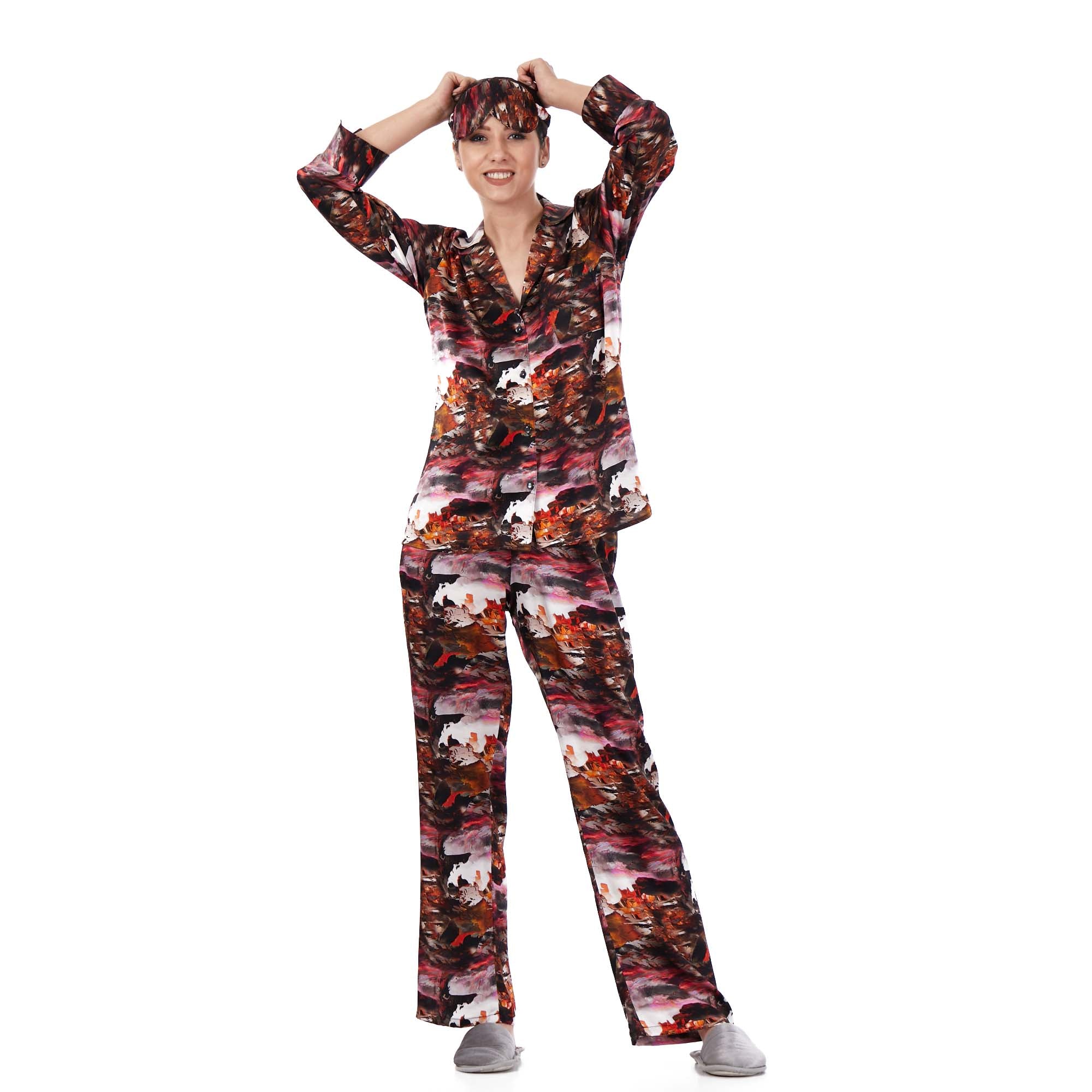 %100 İpek Gömlek Pantolon-Pijama Takımı | Abstract Desen Kırmızı | Nomads Felt