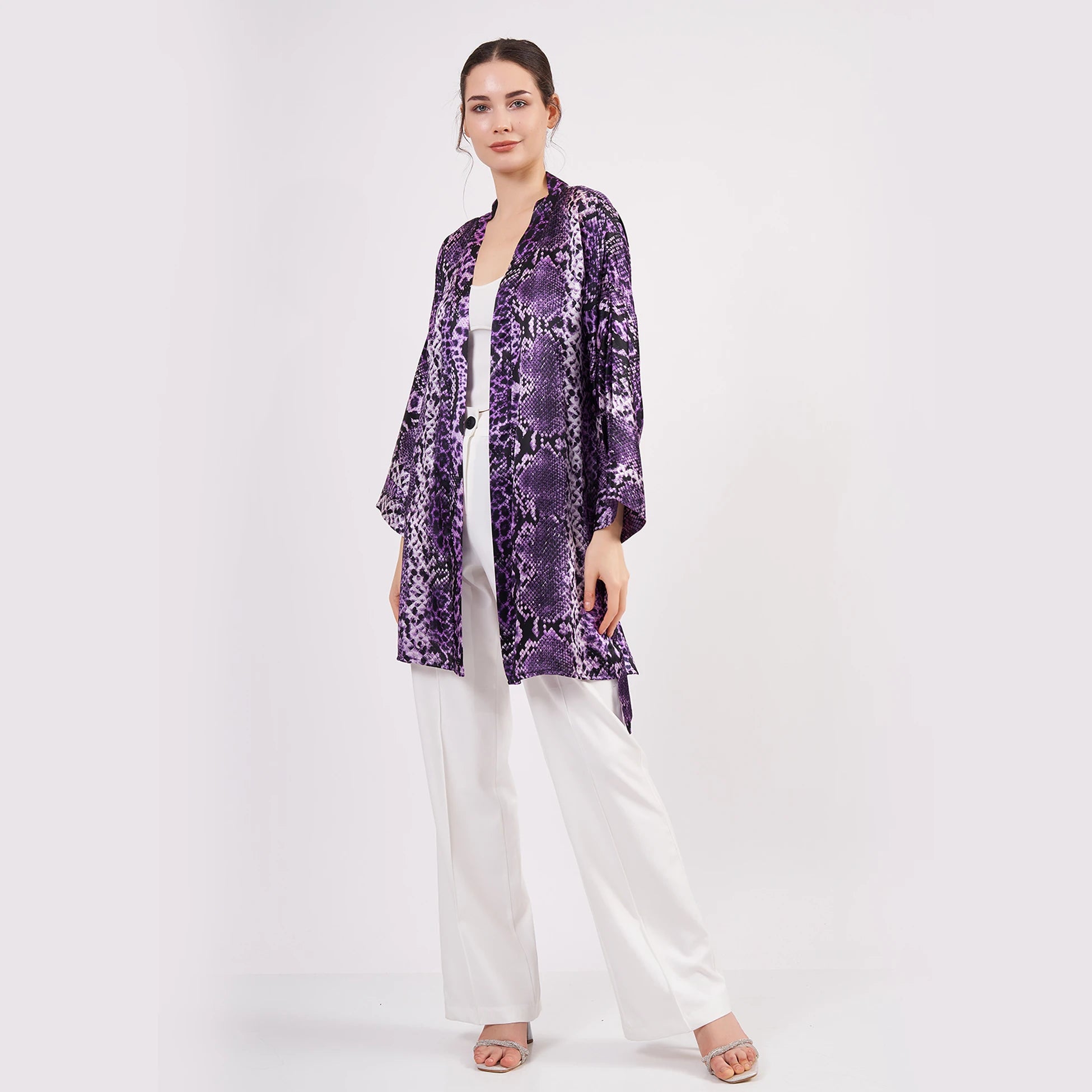 Saf İpek Kısa Kimono Kaftan | Yılan Derisi Desen Mor | Nomads Felt