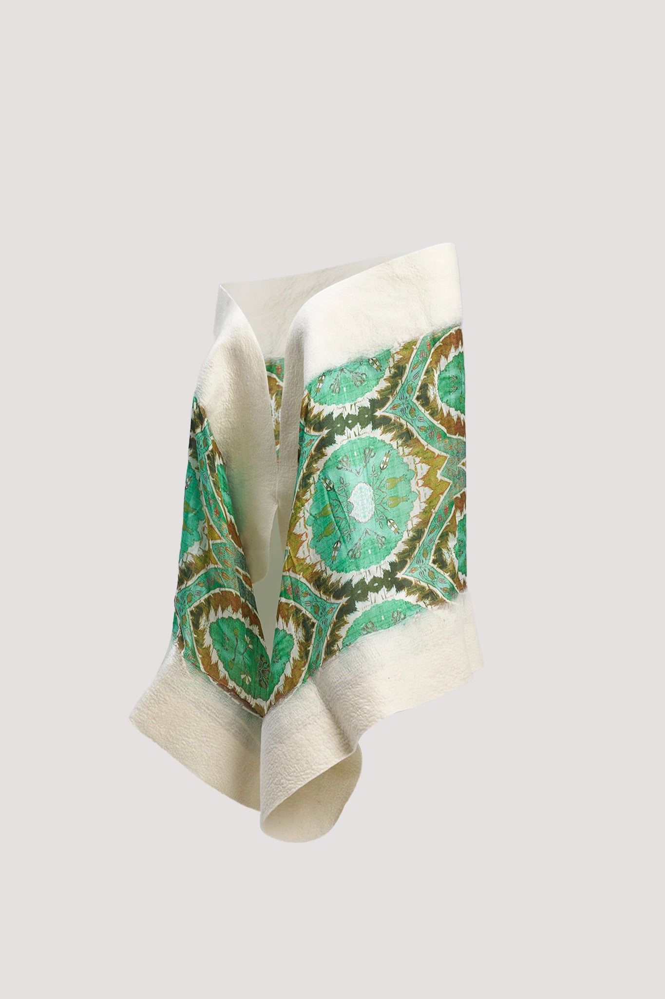 Yeşil Osmanlı Motif Desenli İpek Keçe Şal