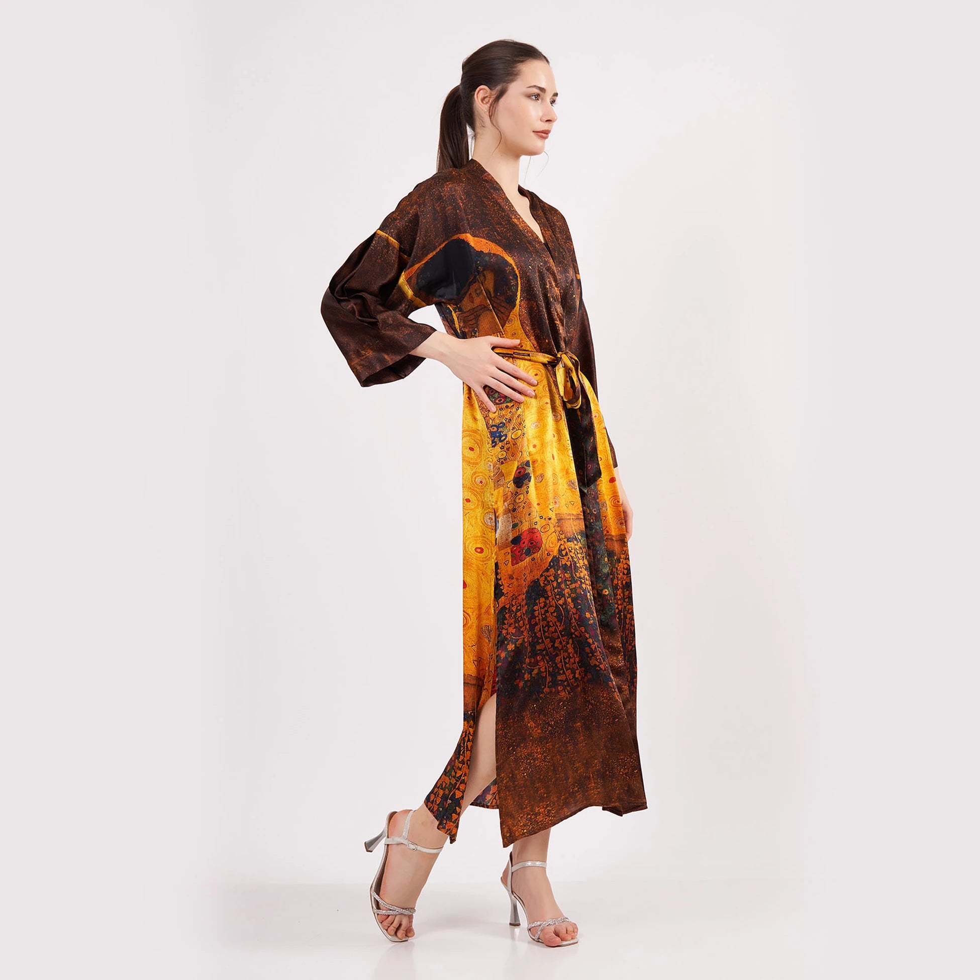%100 İpek Kimono Kaftan | Gustav Klimt The Kiss | Nomads Felt