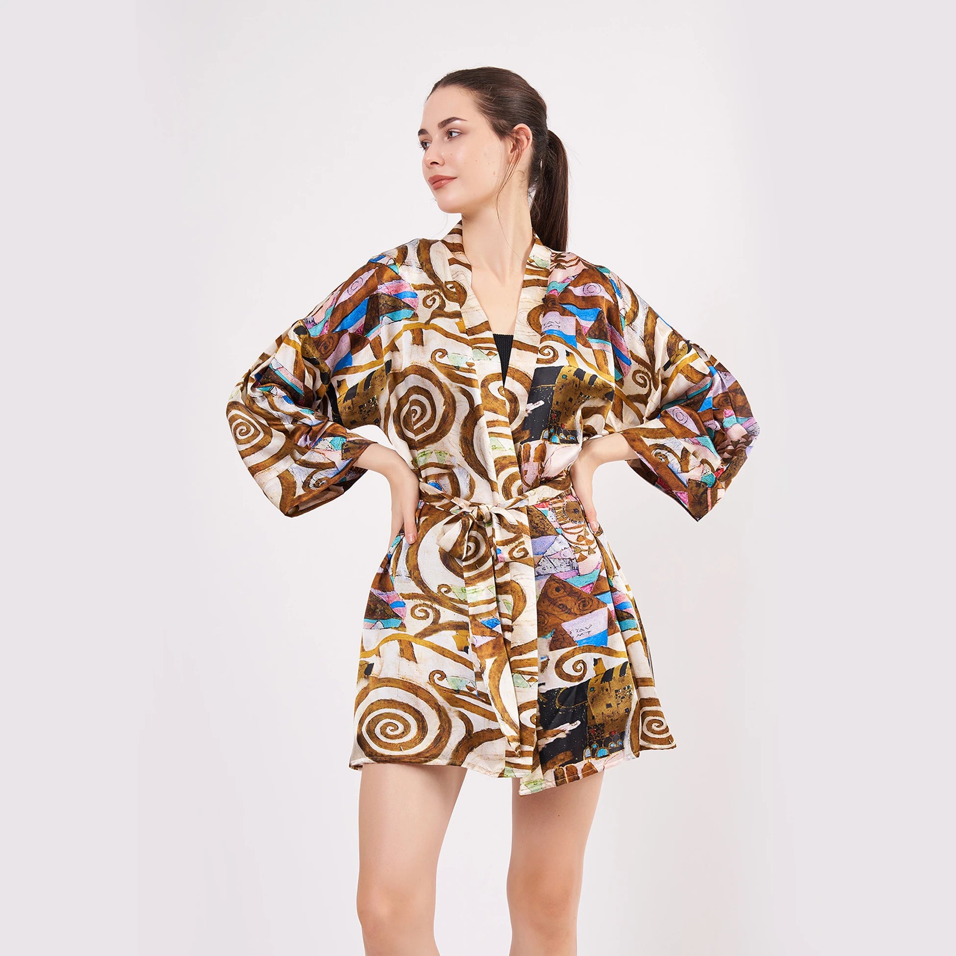 Saf İpek Kısa Kimono Kaftan | Gustav Klimt Expectation | Nomads Felt