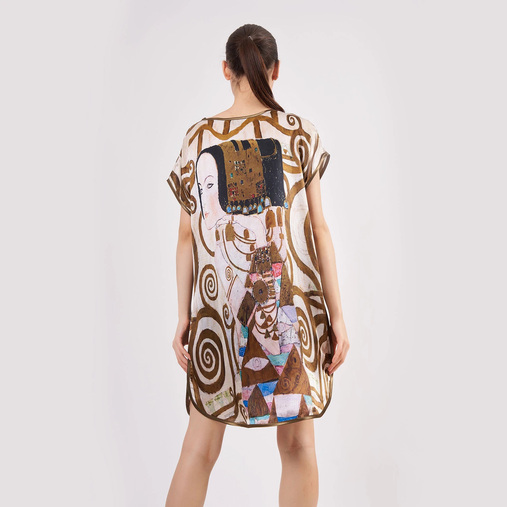 %100 İpek Kısa Elbise | Gustav Klimt Expectation | Nomads Felt