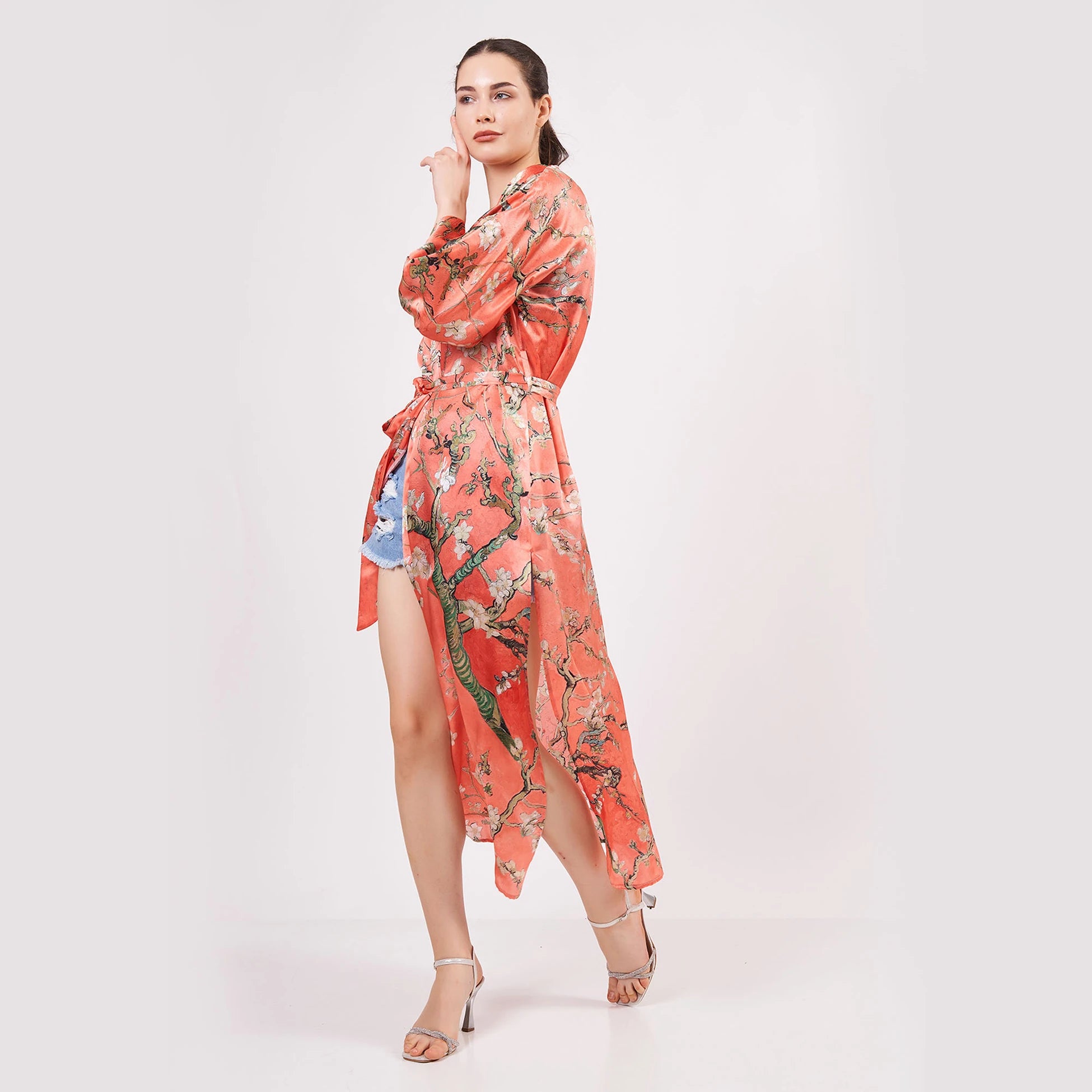 %100 İpek Kimono Kaftan | Nar Çiçeği | Van Gogh Badem Ağacı | Nomads Felt