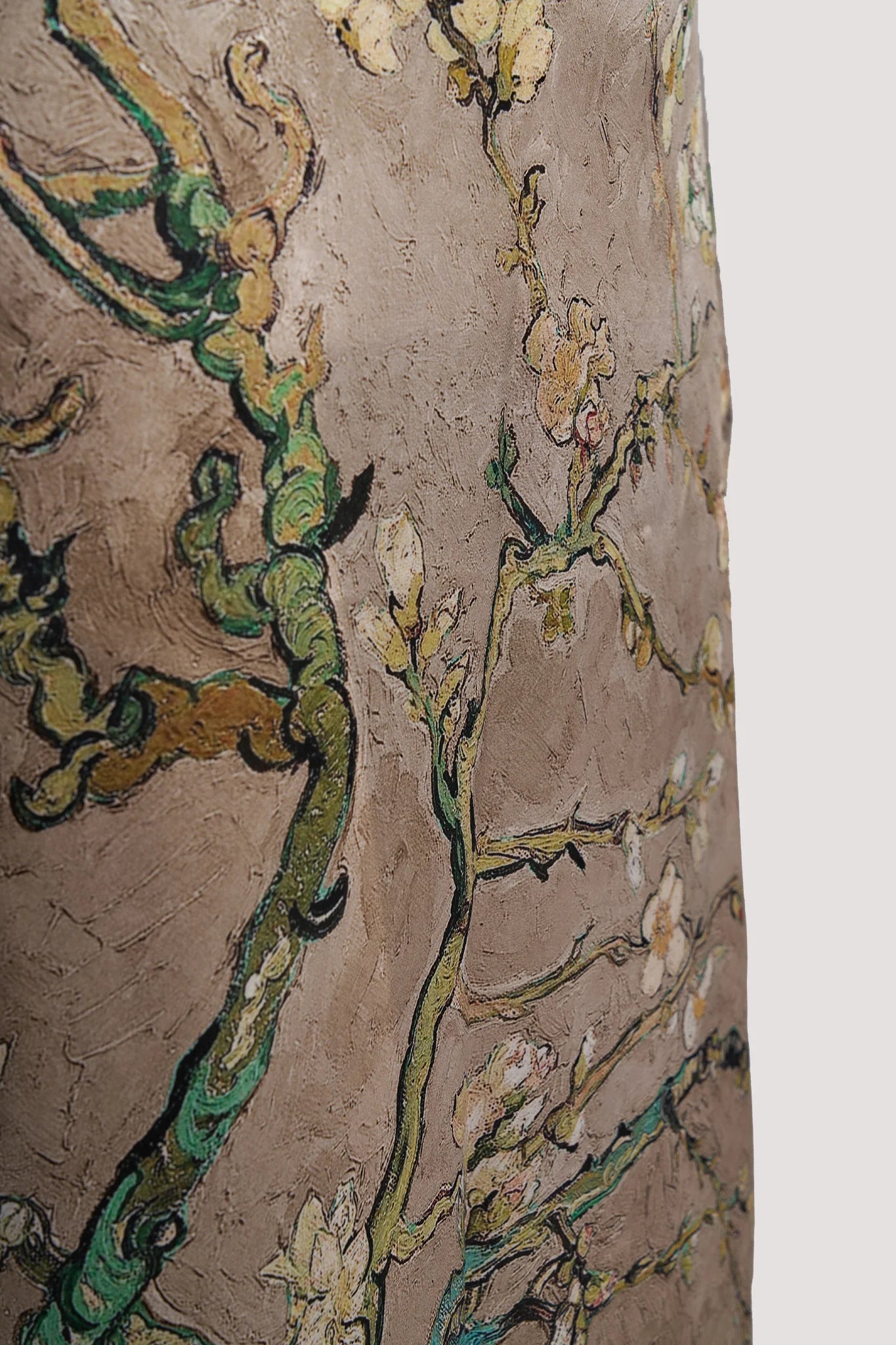 Bej Van Gogh Badem Ağacı Desenli Uzun Kollu İpek Elbise