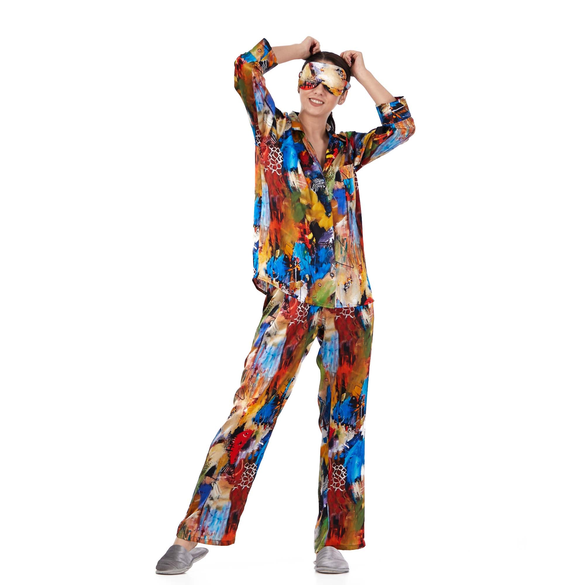 İpek Gömlek Pantolon-Pijama Takımı | Abstract Desen 8 | Nomads Felt
